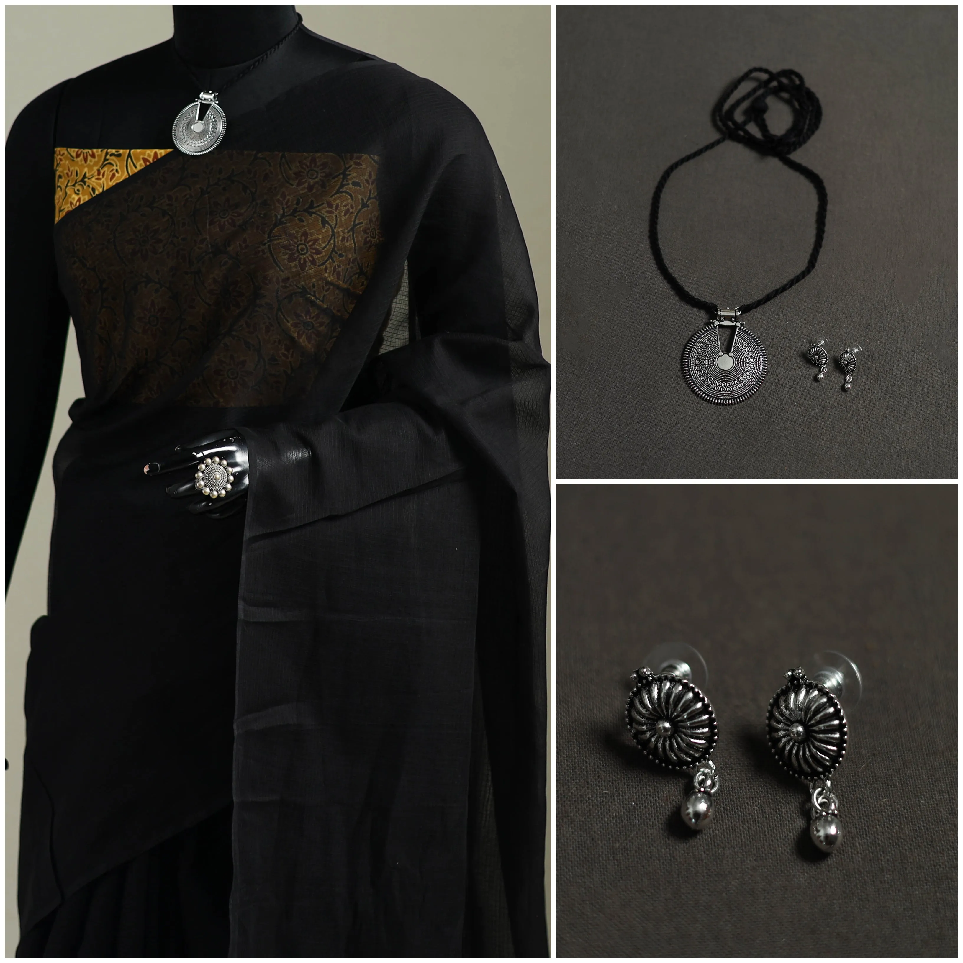 Black - Nazaakat Kota Doria Cotton Plain Saree with Blouse & Jewellery Set 133 sold by Itokri product image thumbnail 3