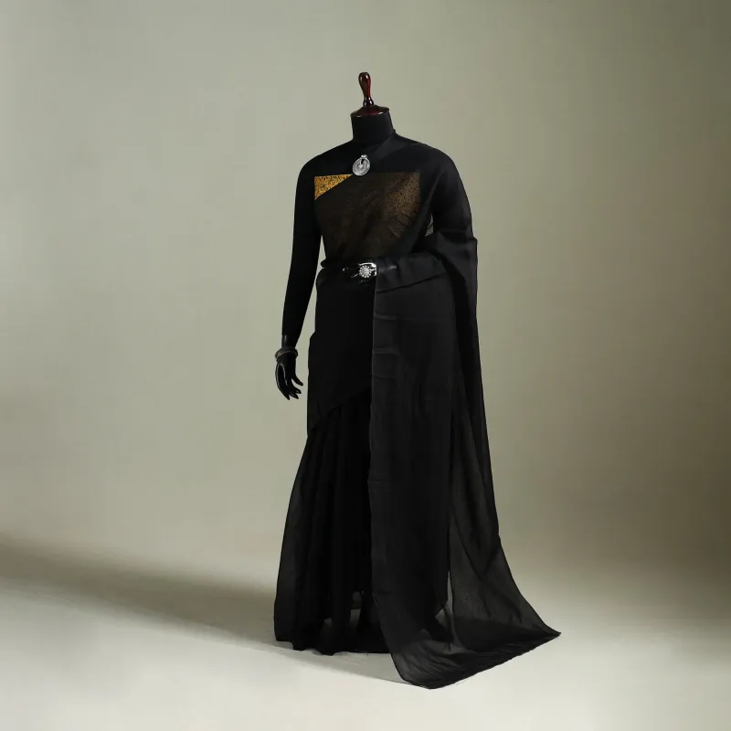 Black - Nazaakat Kota Doria Cotton Plain Saree with Blouse & Jewellery Set 133 made by Itokri