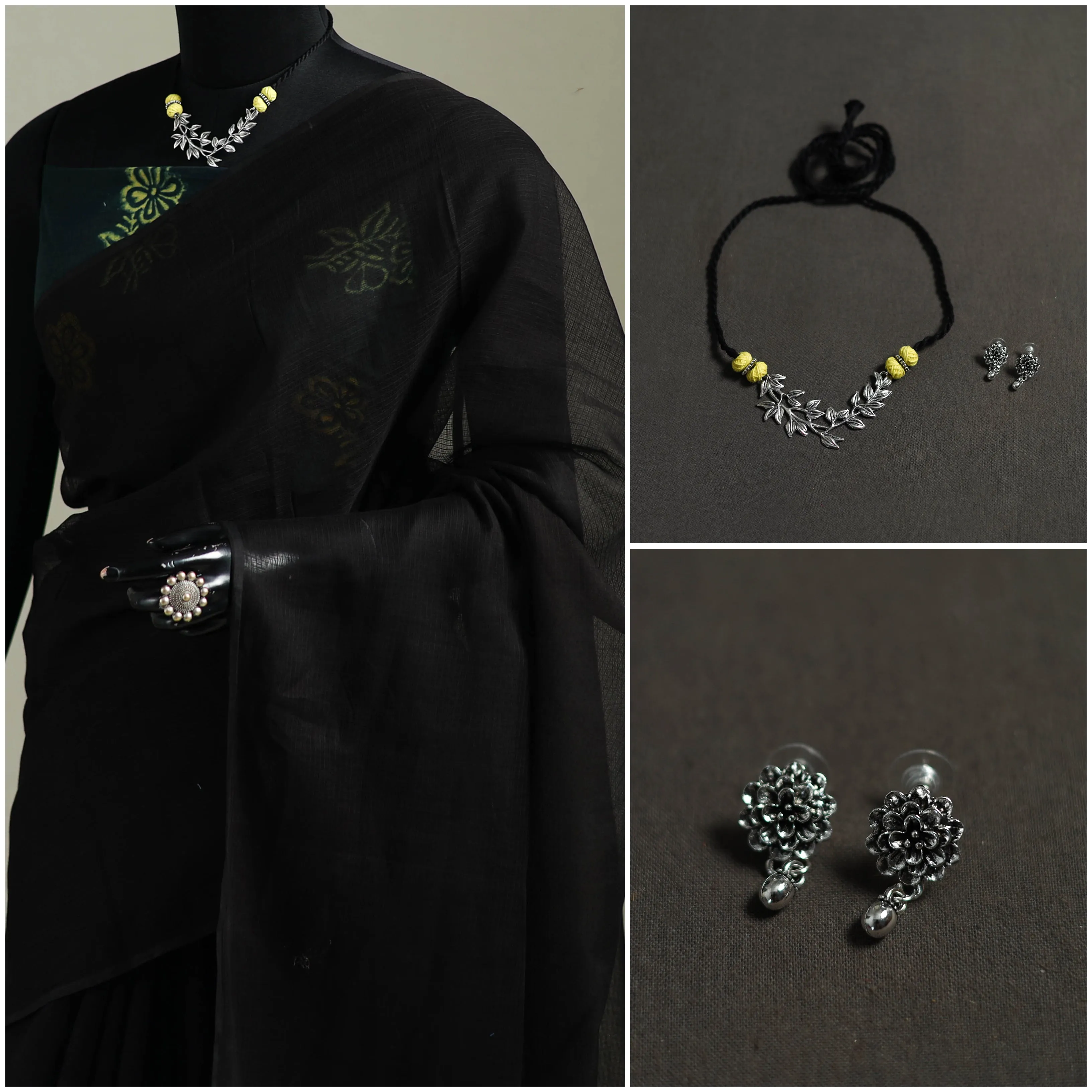 Black - Nazaakat Kota Doria Cotton Plain Saree with Blouse & Jewellery Set 130 sold by Itokri product image thumbnail 3