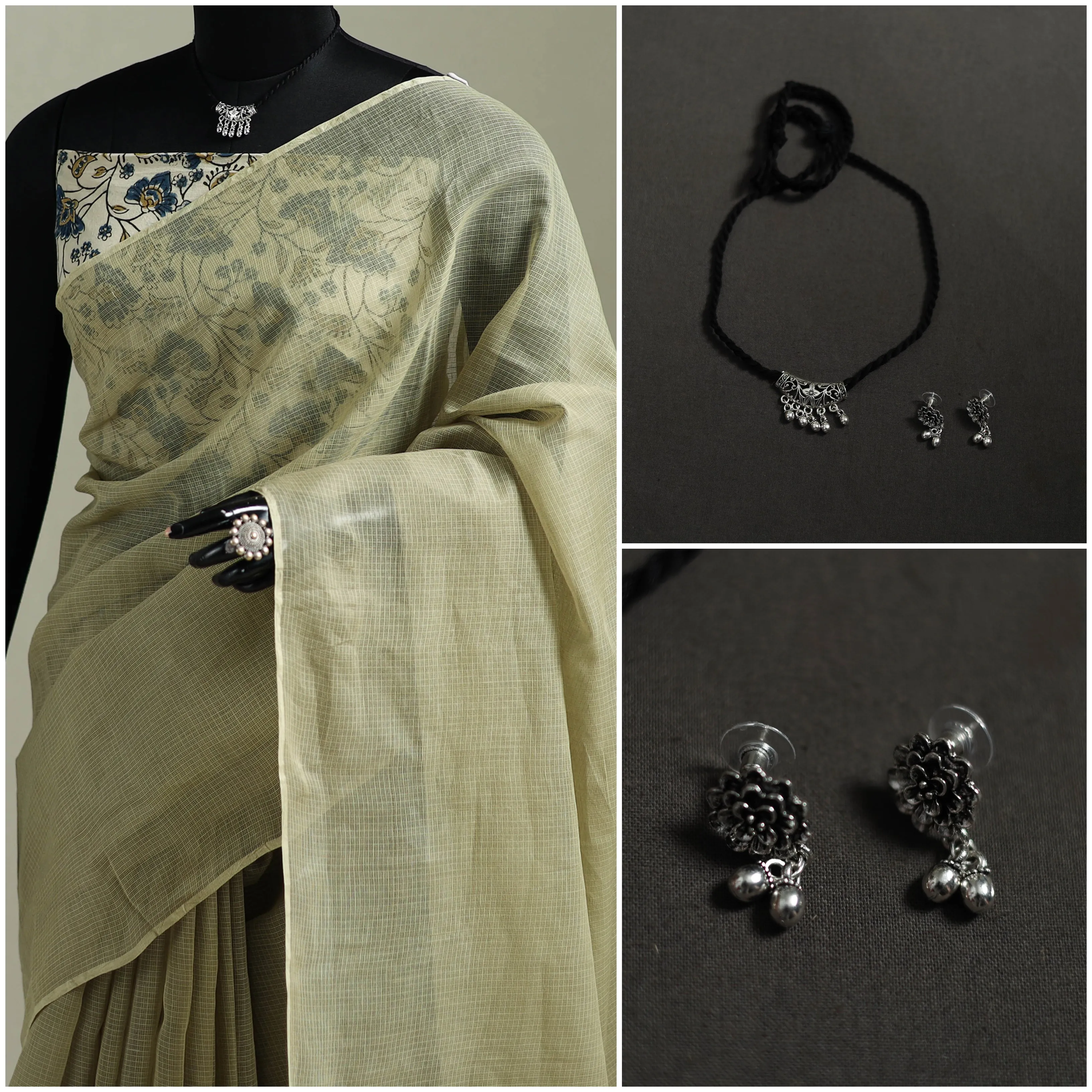 Green - Nazaakat Kota Doria Cotton Plain Saree with Blouse & Jewellery Set 168 sold by Itokri product image thumbnail 3
