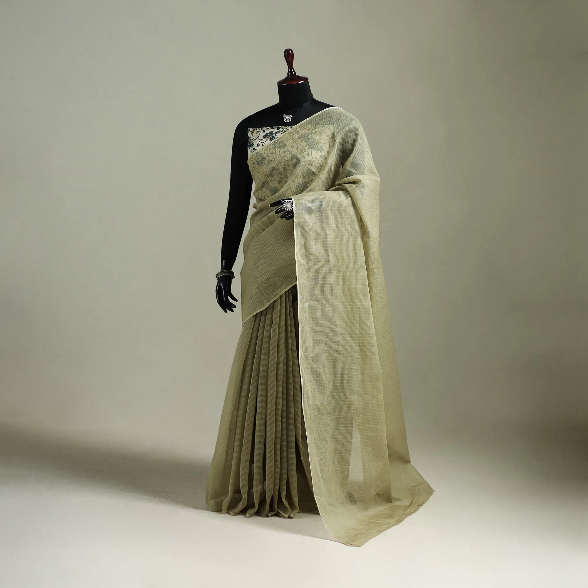 Green - Nazaakat Kota Doria Cotton Plain Saree with Blouse & Jewellery Set 168 sold by Itokri