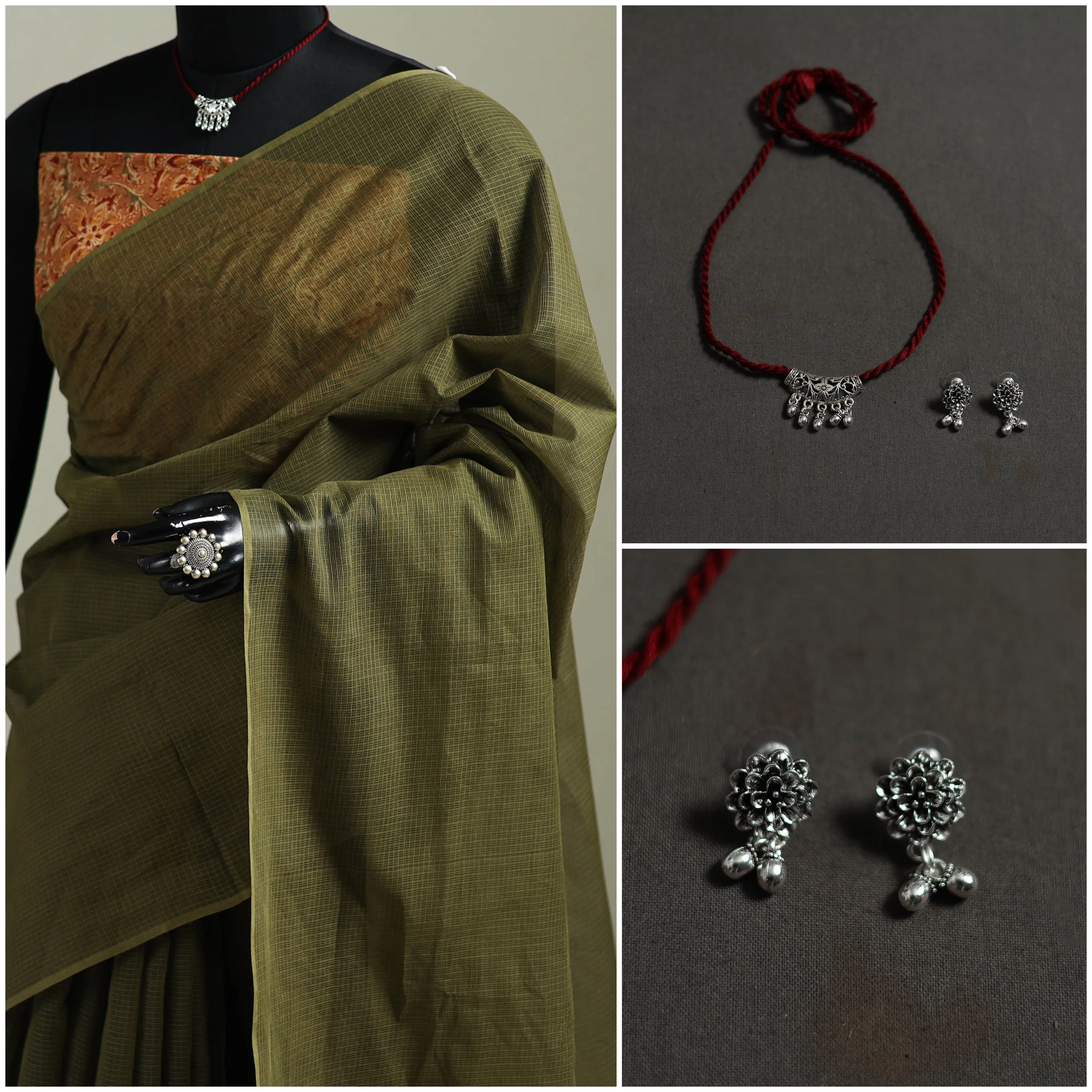 Green - Nazaakat Kota Doria Cotton Plain Saree with Blouse & Jewellery Set 170 sold by Itokri product image thumbnail 3