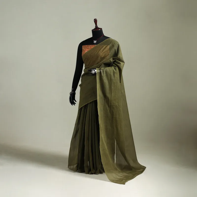 Green - Nazaakat Kota Doria Cotton Plain Saree with Blouse & Jewellery Set 170 made by Itokri