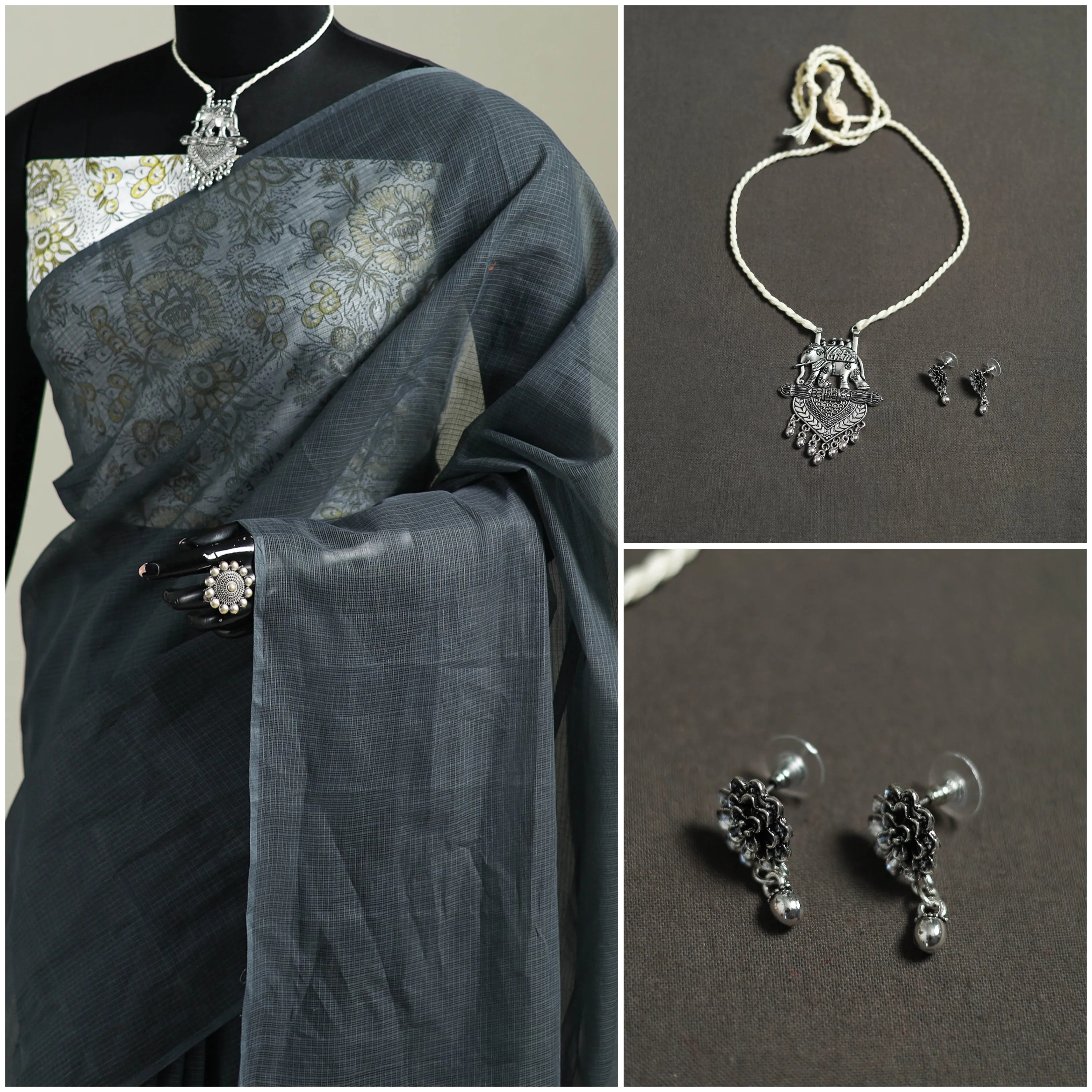 Grey - Nazaakat Kota Doria Cotton Plain Saree with Blouse & Jewellery Set 120 sold by Itokri product image thumbnail 3