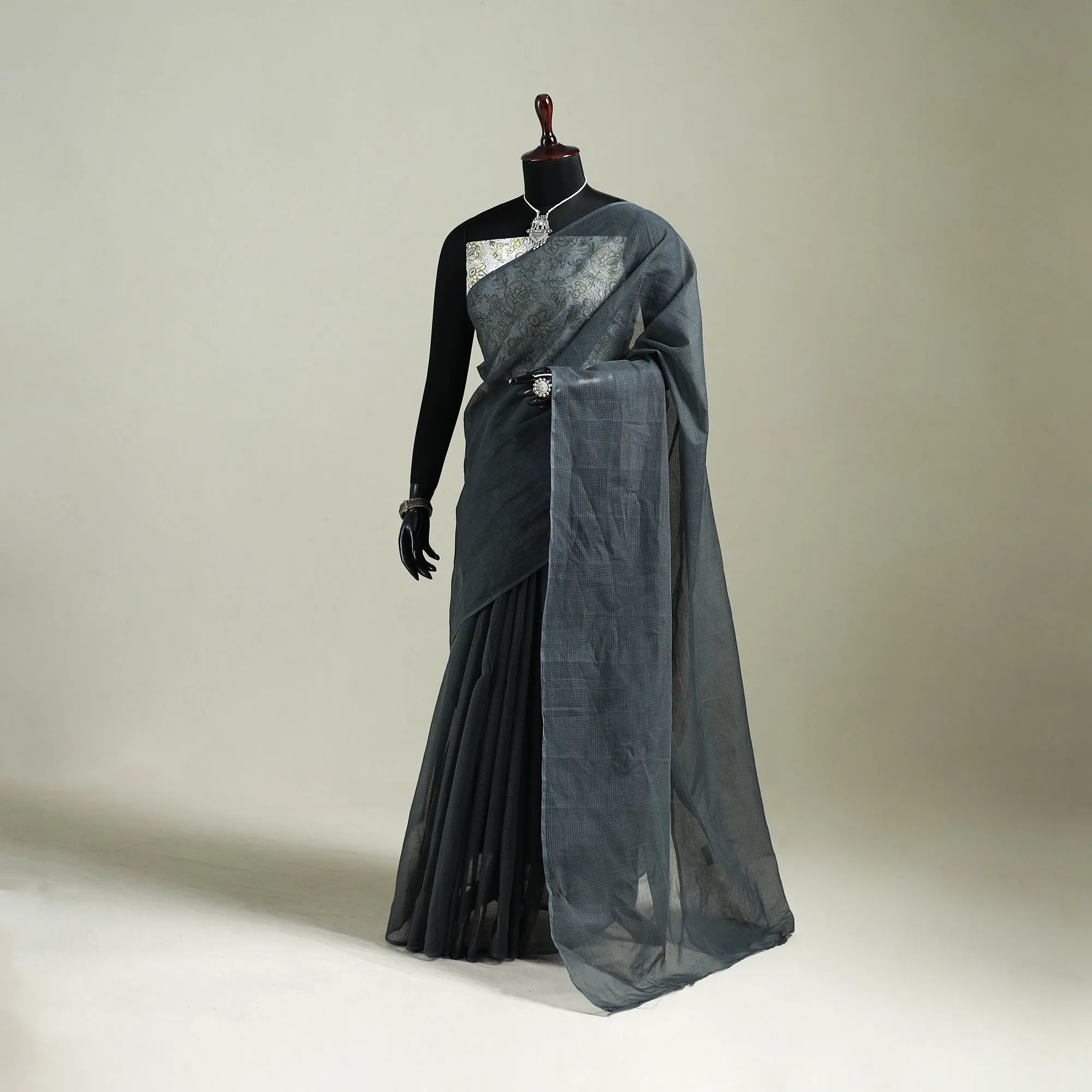 Grey - Nazaakat Kota Doria Cotton Plain Saree with Blouse & Jewellery Set 120 sold by Itokri