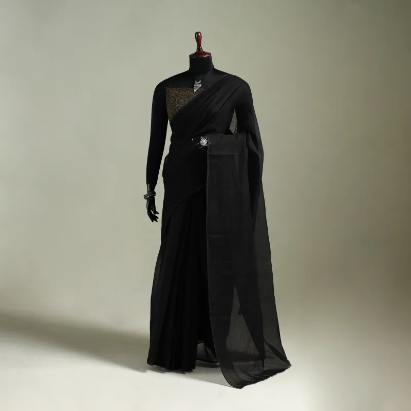 Black - Nazaakat Kota Doria Cotton Plain Saree with Blouse & Jewellery Set 41 made by Itokri