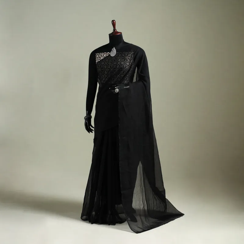 Black - Nazaakat Kota Doria Cotton Plain Saree with Blouse & Jewellery Set 14 made by Itokri
