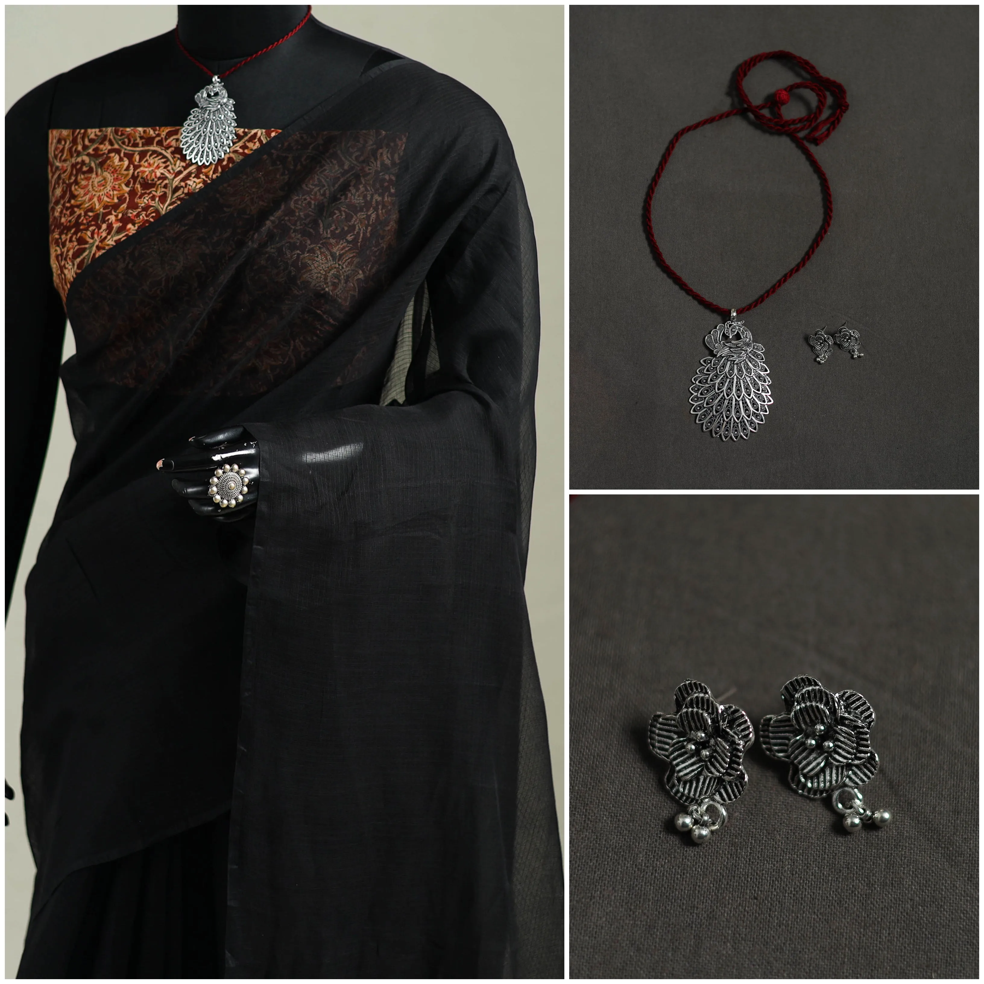 Black - Nazaakat Kota Doria Cotton Plain Saree with Blouse & Jewellery Set 10 sold by Itokri product image thumbnail 3