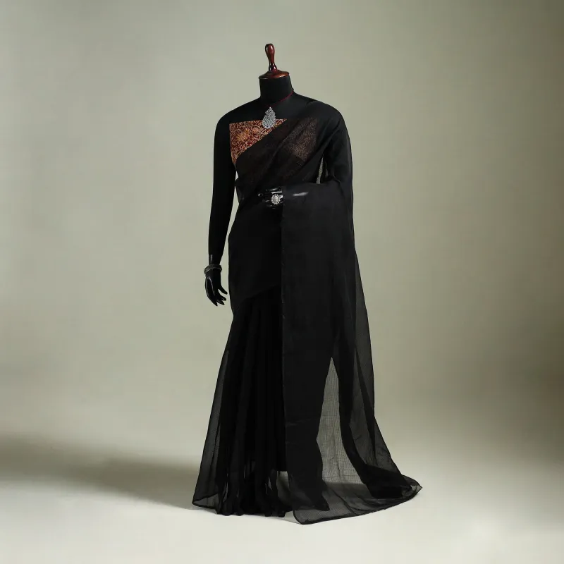 Black - Nazaakat Kota Doria Cotton Plain Saree with Blouse & Jewellery Set 10 made by Itokri