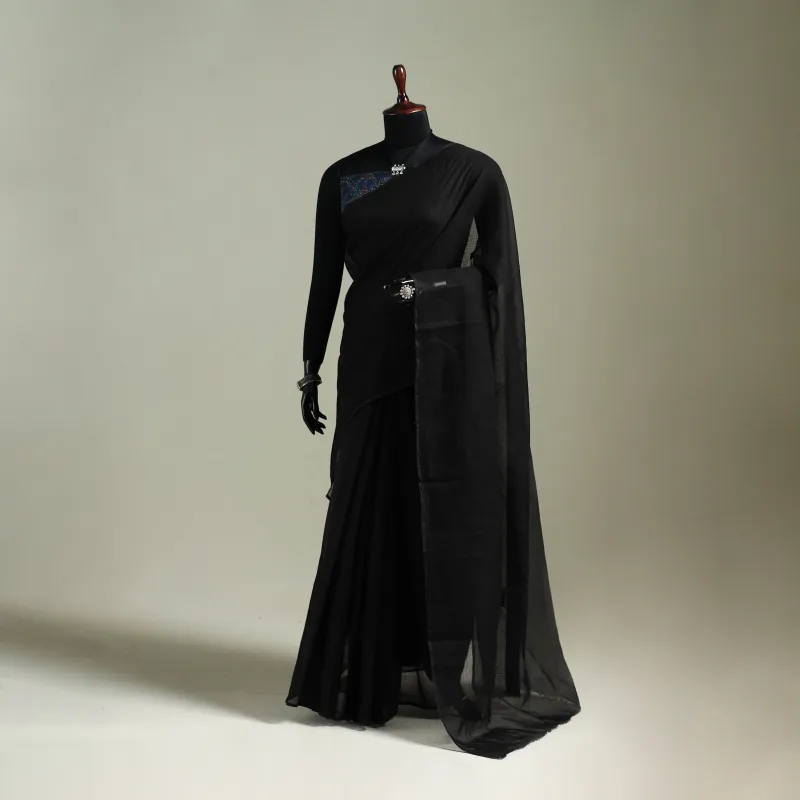 Black - Nazaakat Kota Doria Cotton Plain Saree with Blouse & Jewellery Set 40 made by Itokri
