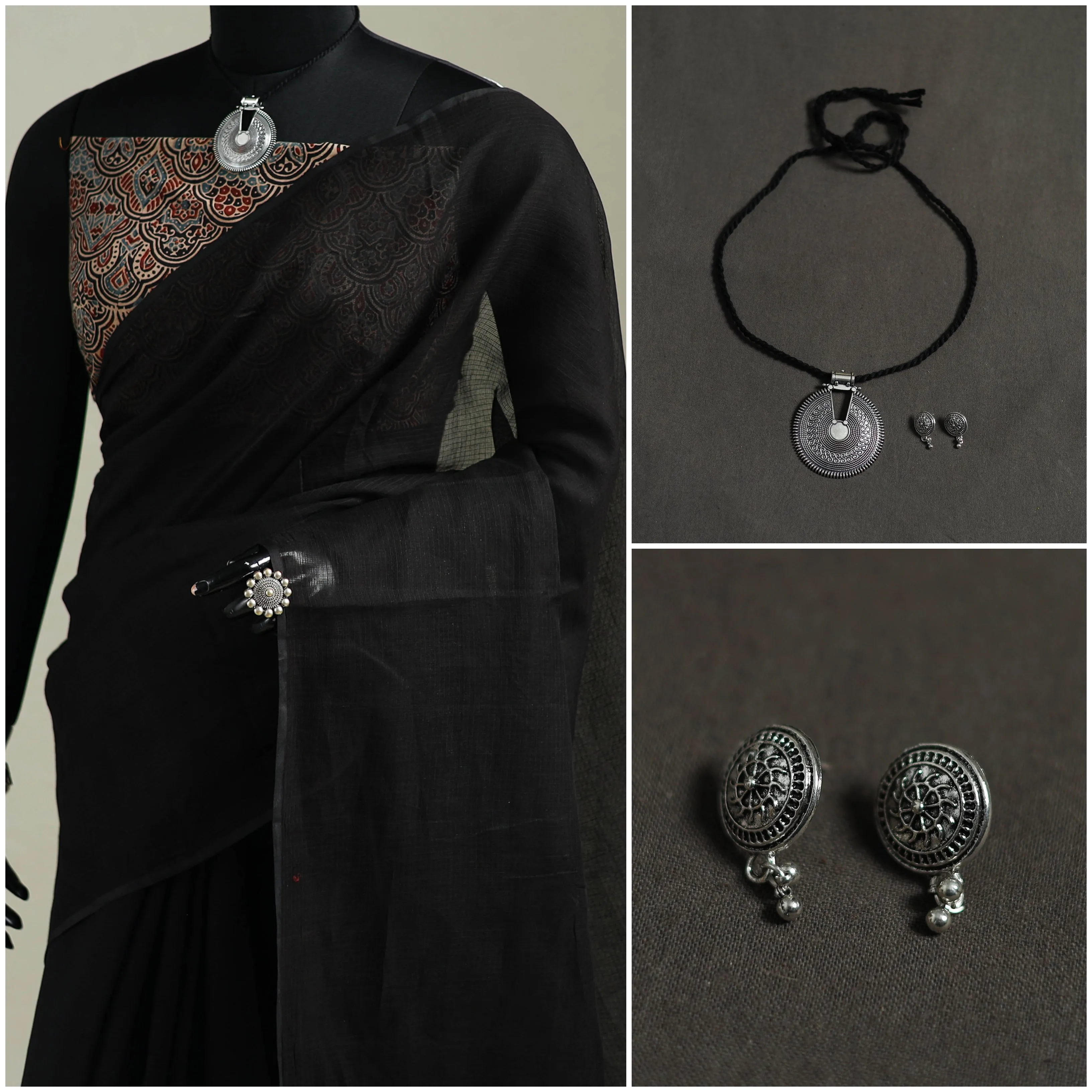 Black - Nazaakat Kota Doria Cotton Plain Saree with Blouse & Jewellery Set 37 sold by Itokri product image thumbnail 3