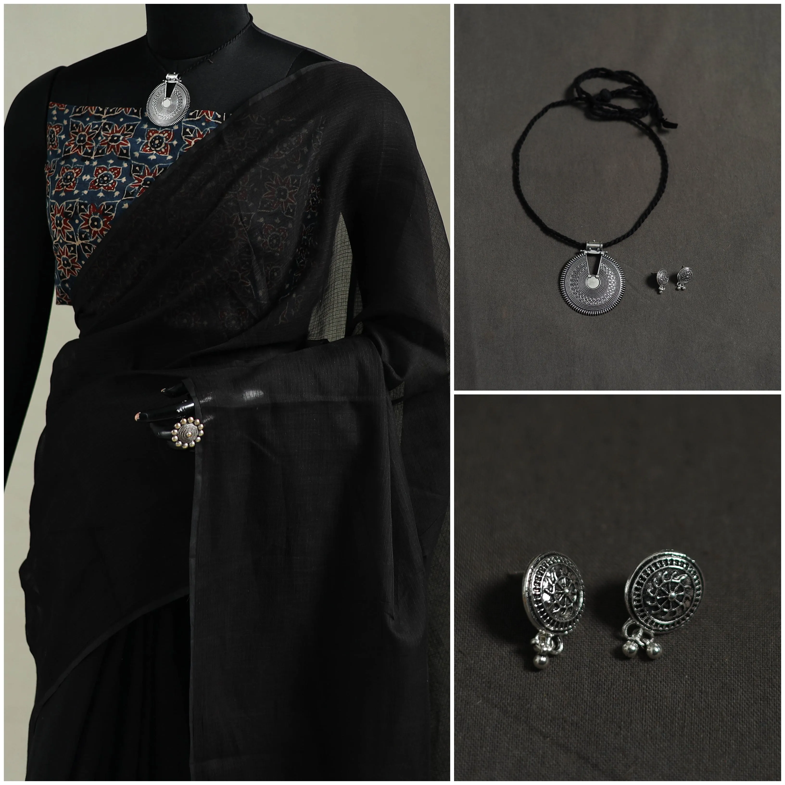 Black - Nazaakat Kota Doria Cotton Plain Saree with Blouse & Jewellery Set 36 sold by Itokri product image thumbnail 3