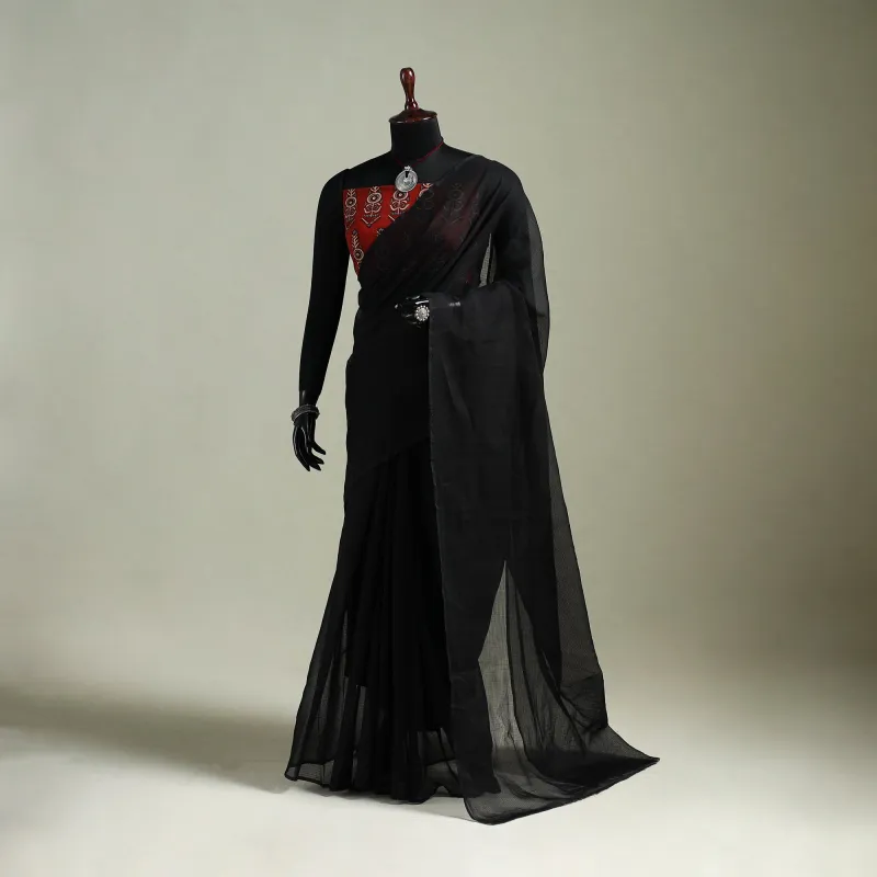 Black - Nazaakat Kota Doria Cotton Plain Saree with Blouse & Jewellery Set 16 made by Itokri