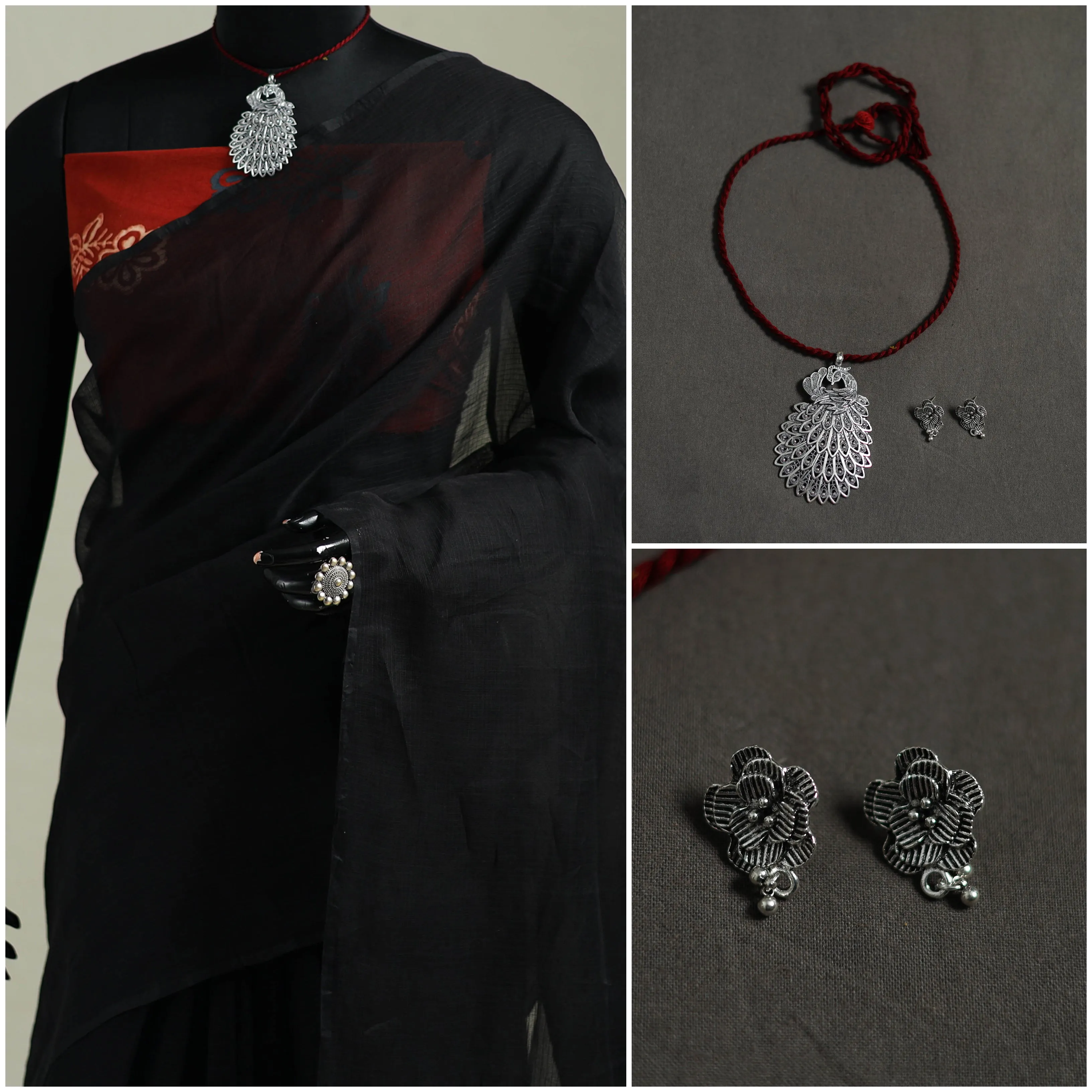 Black - Nazaakat Kota Doria Cotton Plain Saree with Blouse & Jewellery Set 15 sold by Itokri product image thumbnail 3