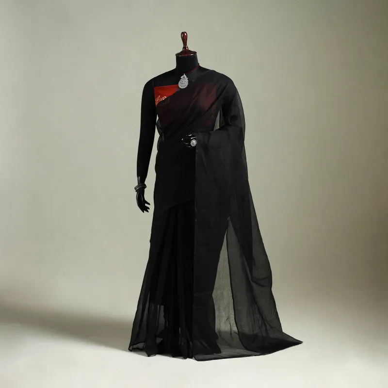 Black - Nazaakat Kota Doria Cotton Plain Saree with Blouse & Jewellery Set 15 made by Itokri