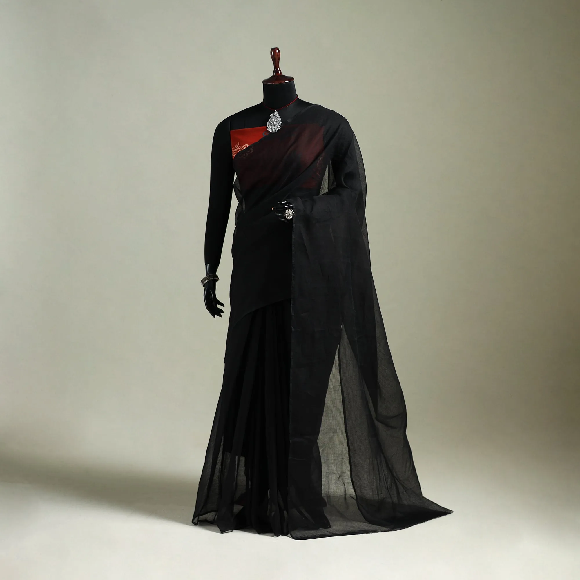 Black - Nazaakat Kota Doria Cotton Plain Saree with Blouse & Jewellery Set 15 sold by Itokri