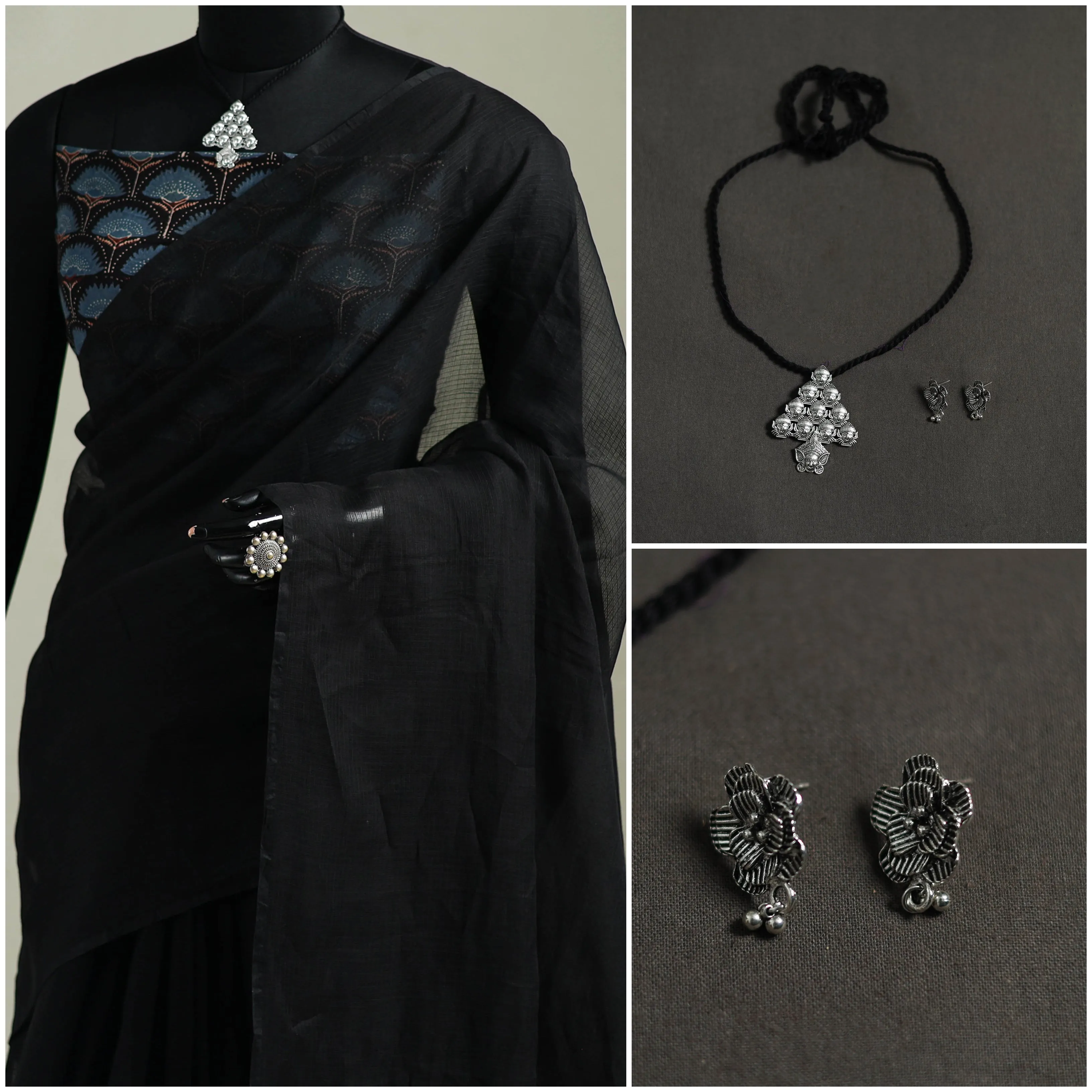 Black - Nazaakat Kota Doria Cotton Plain Saree with Blouse & Jewellery Set 13 sold by Itokri product image thumbnail 3