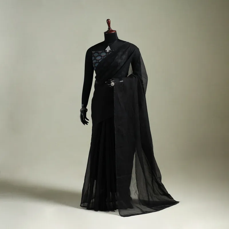 Black - Nazaakat Kota Doria Cotton Plain Saree with Blouse & Jewellery Set 13 made by Itokri