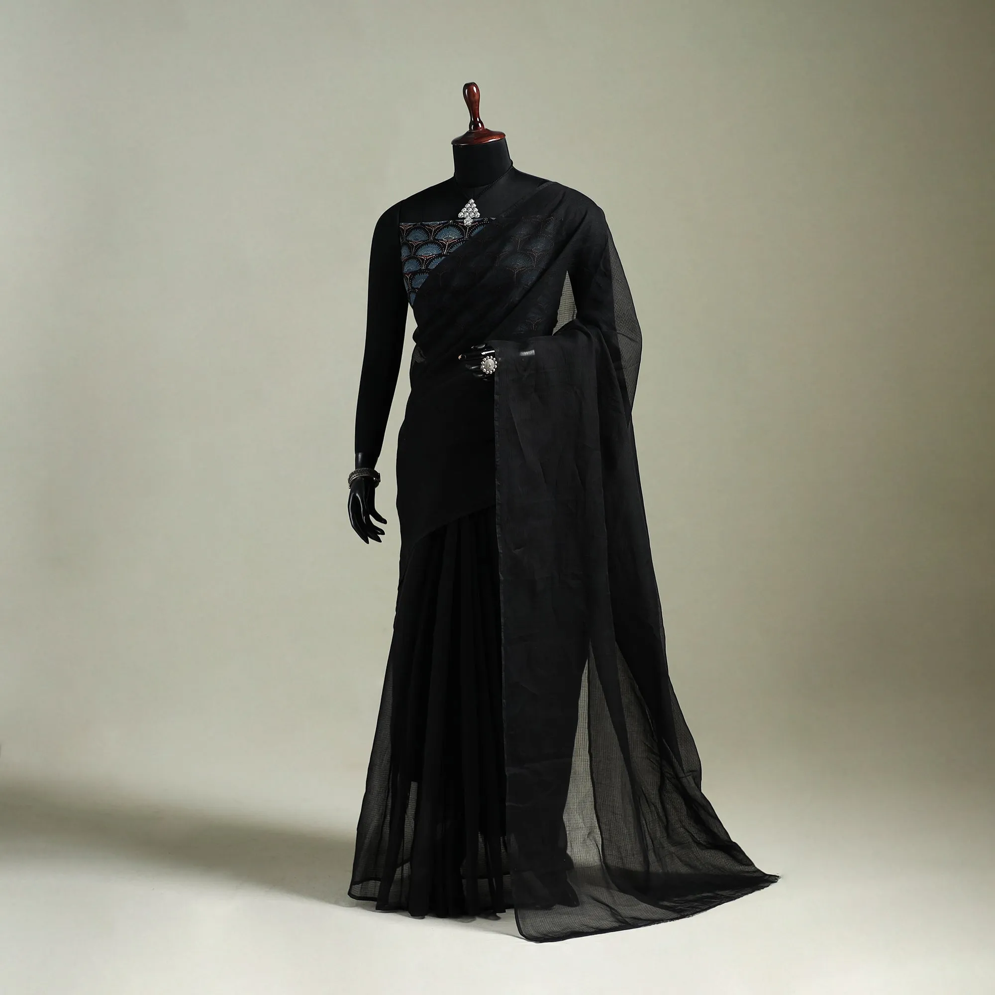 Black - Nazaakat Kota Doria Cotton Plain Saree with Blouse & Jewellery Set 13 sold by Itokri