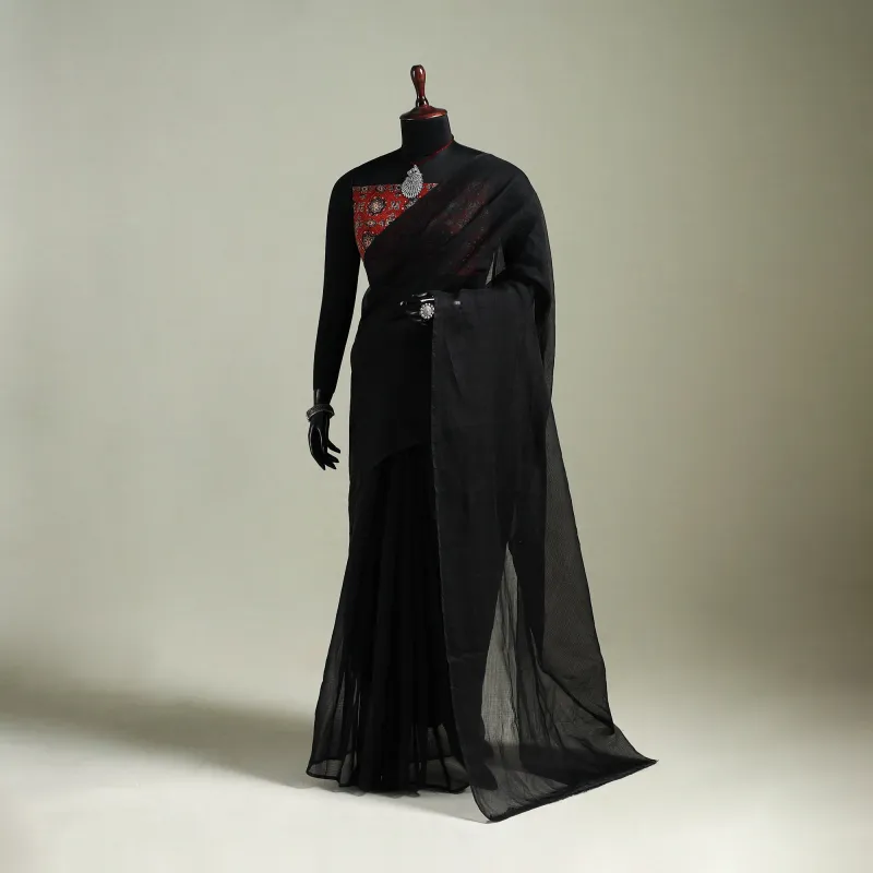 Black - Nazaakat Kota Doria Cotton Plain Saree with Blouse & Jewellery Set 12 made by Itokri