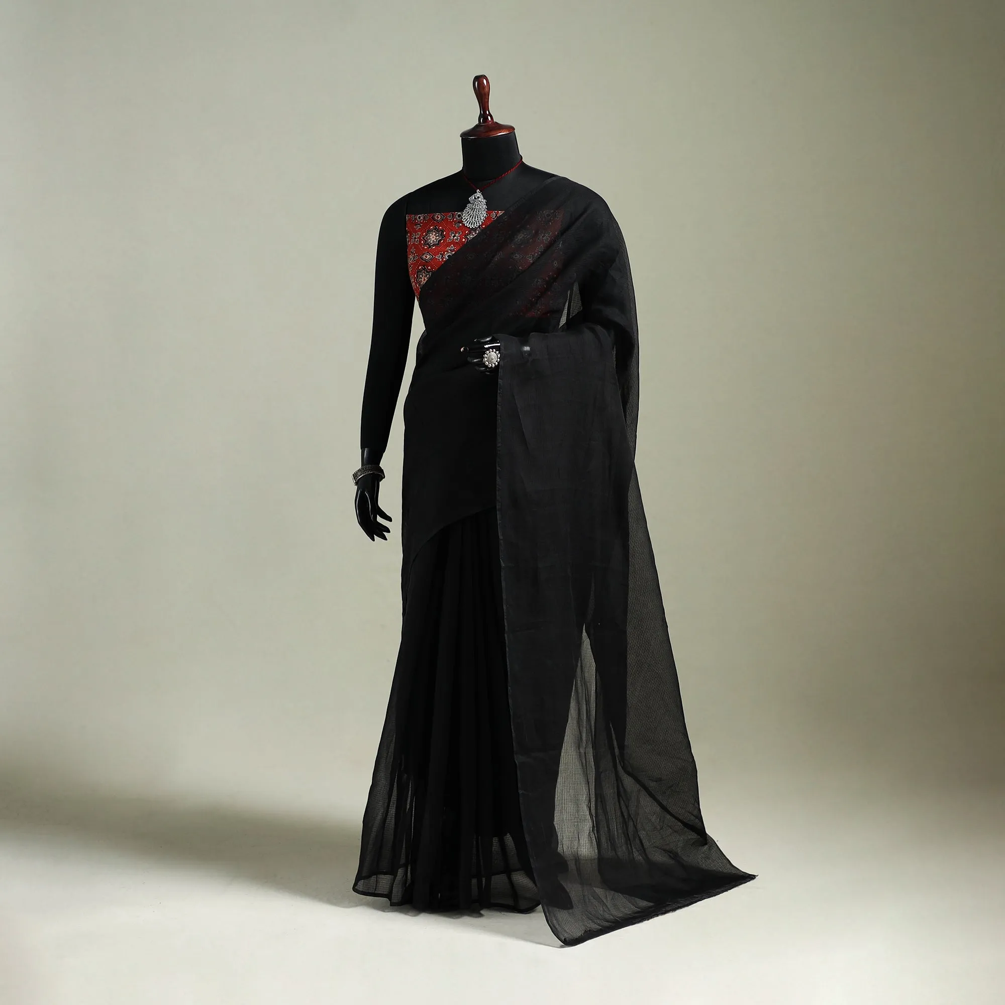 Black - Nazaakat Kota Doria Cotton Plain Saree with Blouse & Jewellery Set 12 sold by Itokri