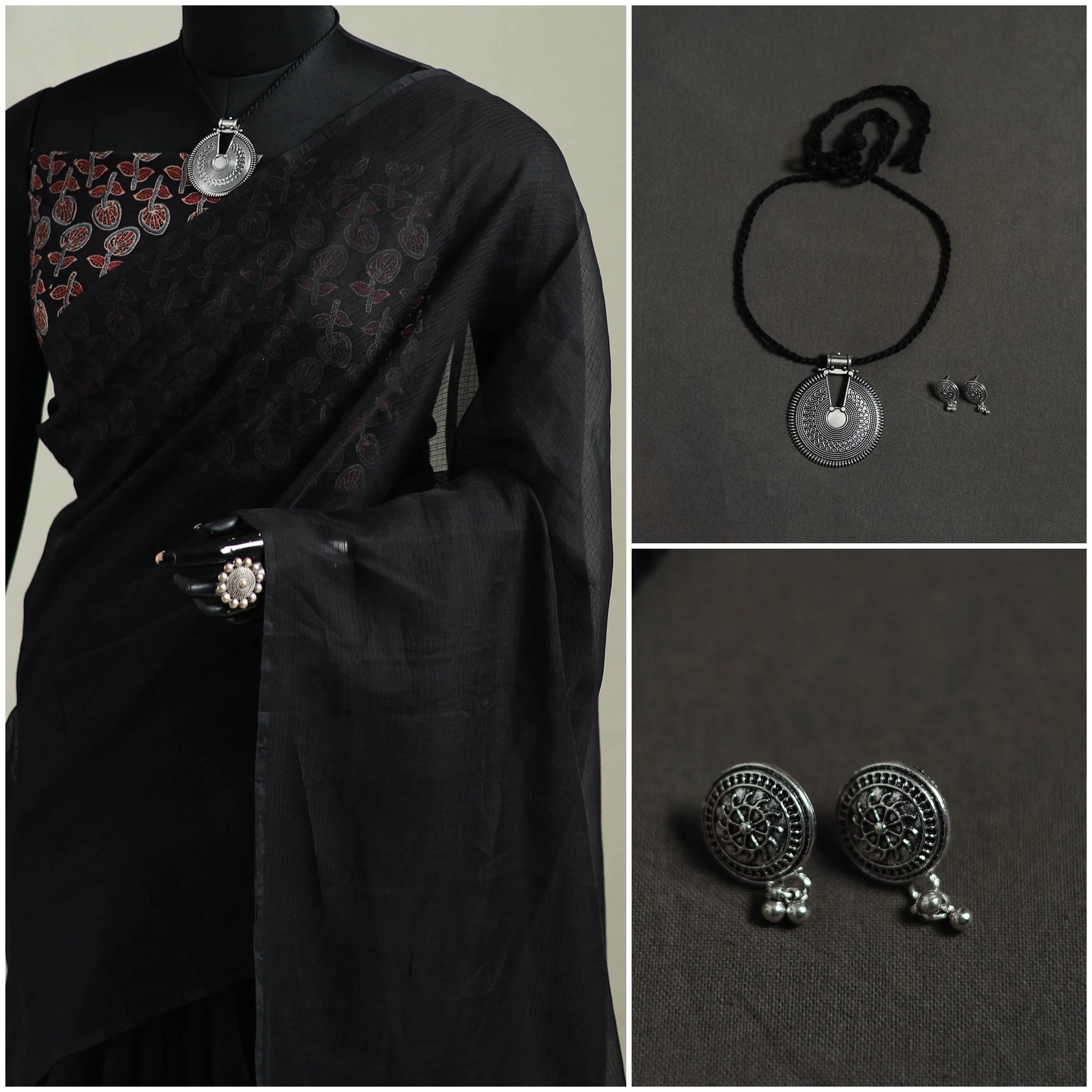 Black - Nazaakat Kota Doria Cotton Plain Saree with Blouse & Jewellery Set 11 sold by Itokri product image thumbnail 3