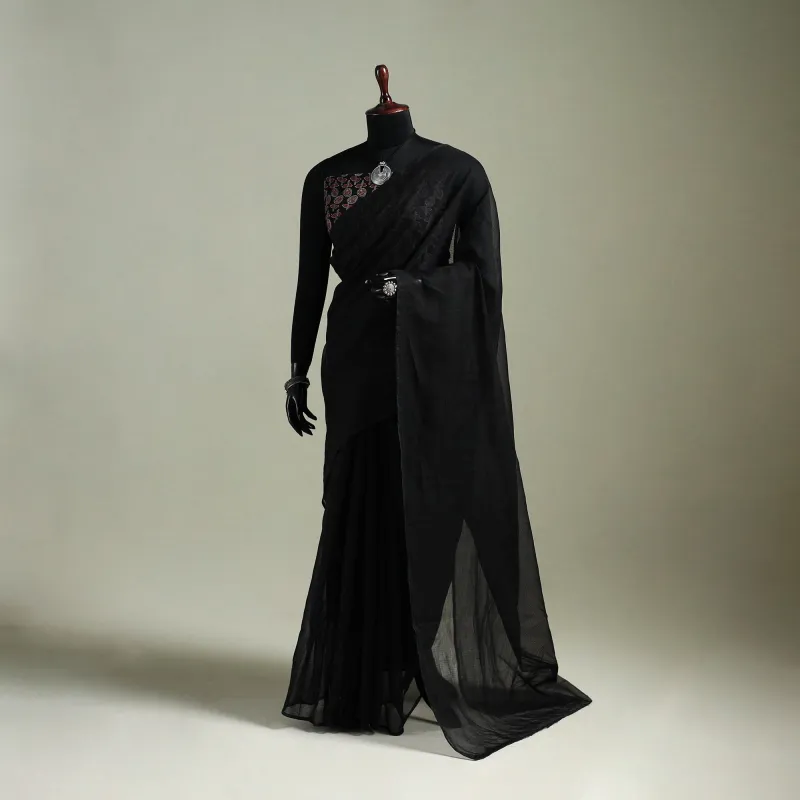 Black - Nazaakat Kota Doria Cotton Plain Saree with Blouse & Jewellery Set 11 made by Itokri