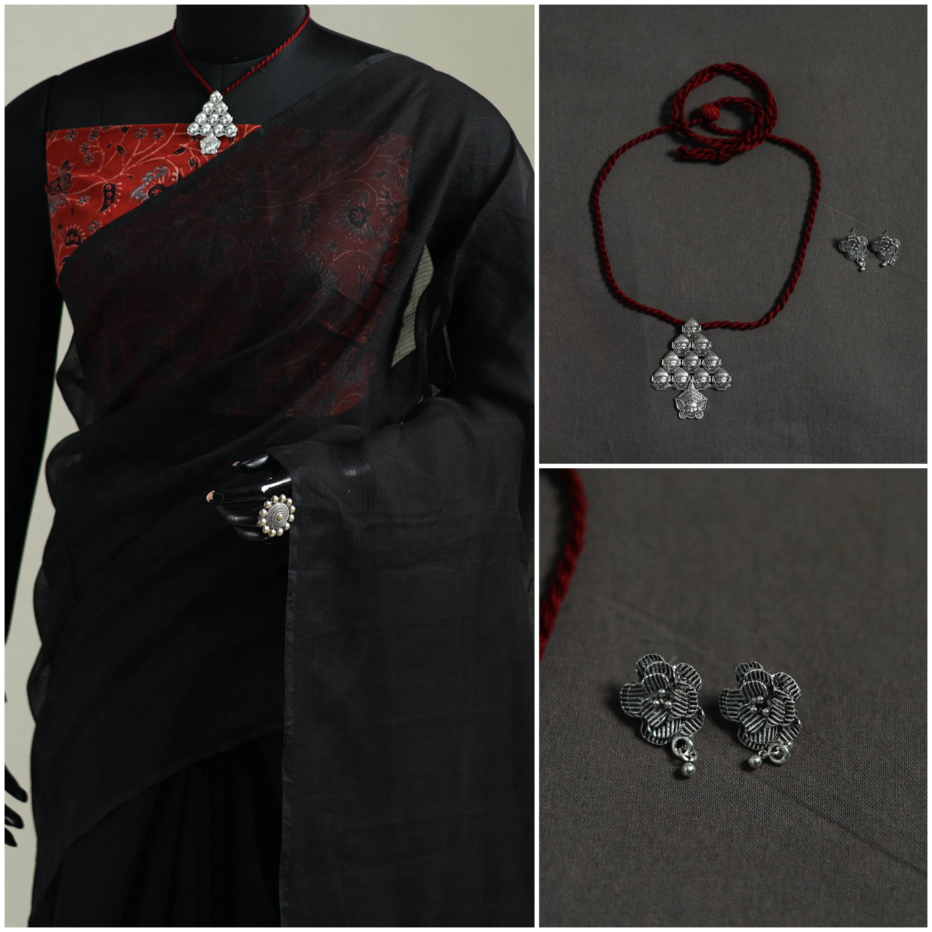 Black - Nazaakat Kota Doria Cotton Plain Saree with Blouse & Jewellery Set 05 sold by Itokri product image thumbnail 3