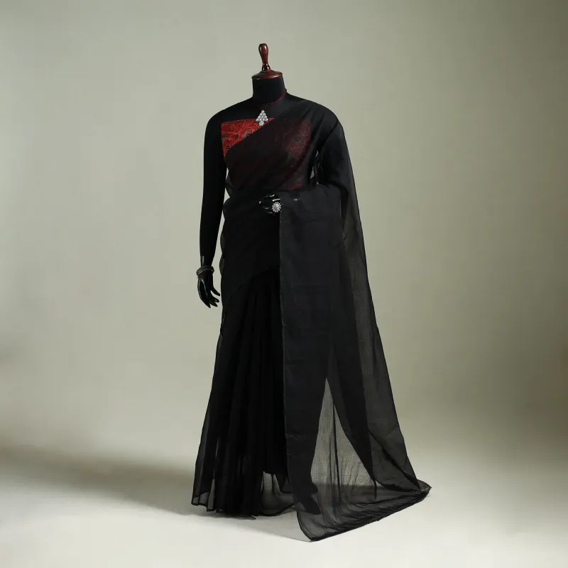 Black - Nazaakat Kota Doria Cotton Plain Saree with Blouse & Jewellery Set 05 made by Itokri