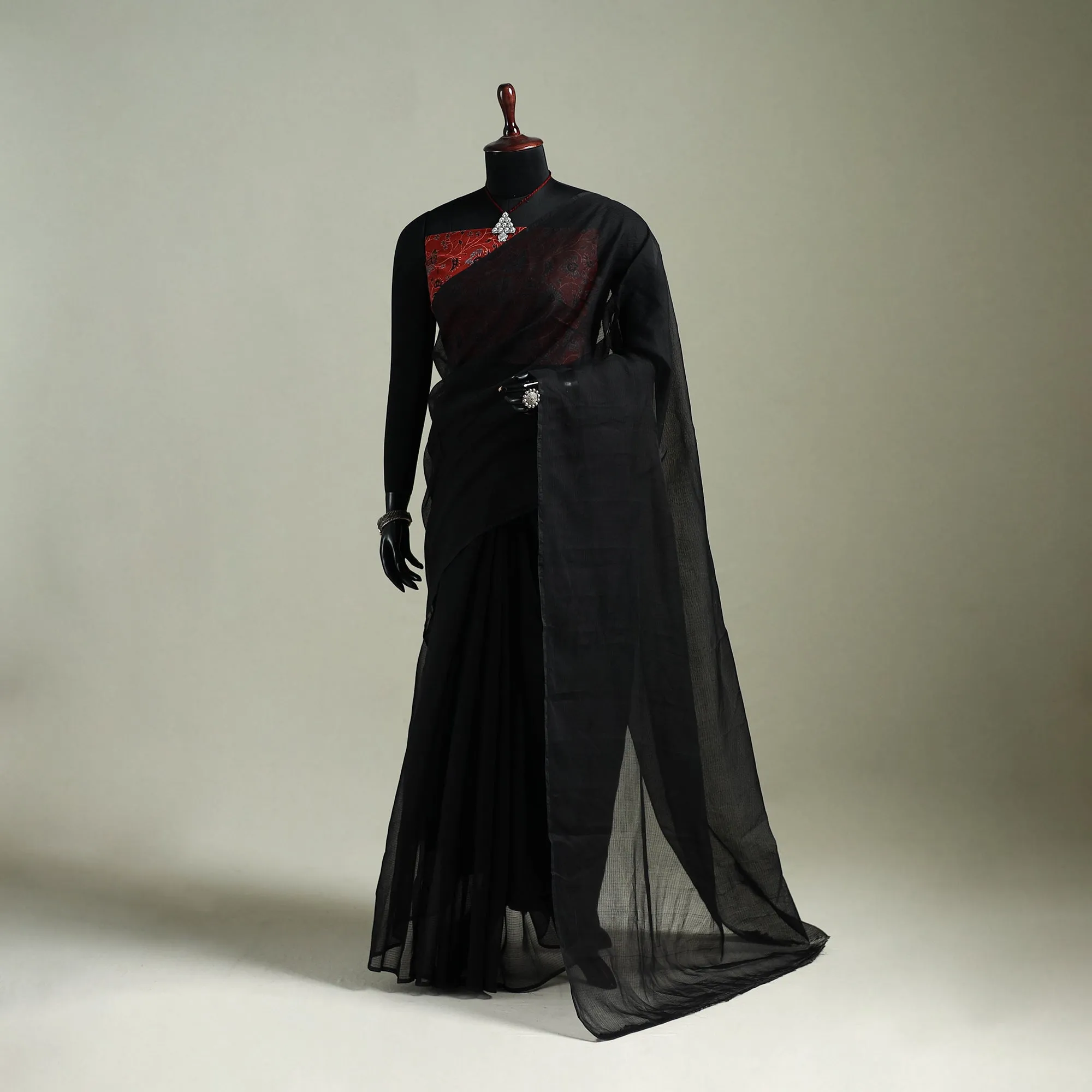 Black - Nazaakat Kota Doria Cotton Plain Saree with Blouse & Jewellery Set 05 sold by Itokri