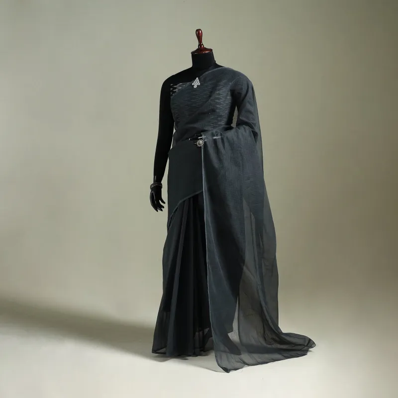 Grey - Nazaakat Kota Doria Cotton Plain Saree with Blouse & Jewellery Set 34 made by Itokri