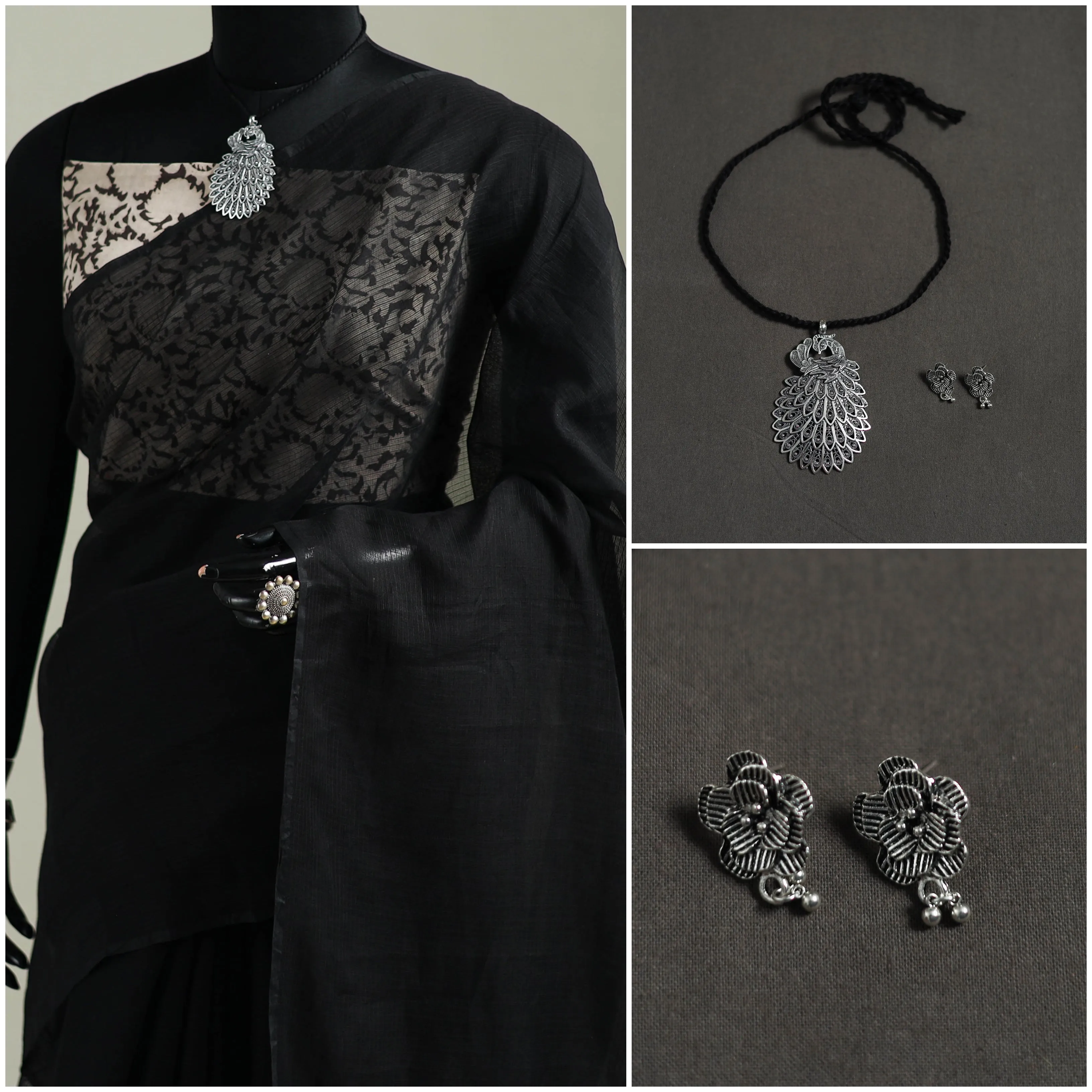 Black - Nazaakat Kota Doria Cotton Plain Saree with Blouse & Jewellery Set 07 sold by Itokri product image thumbnail 3