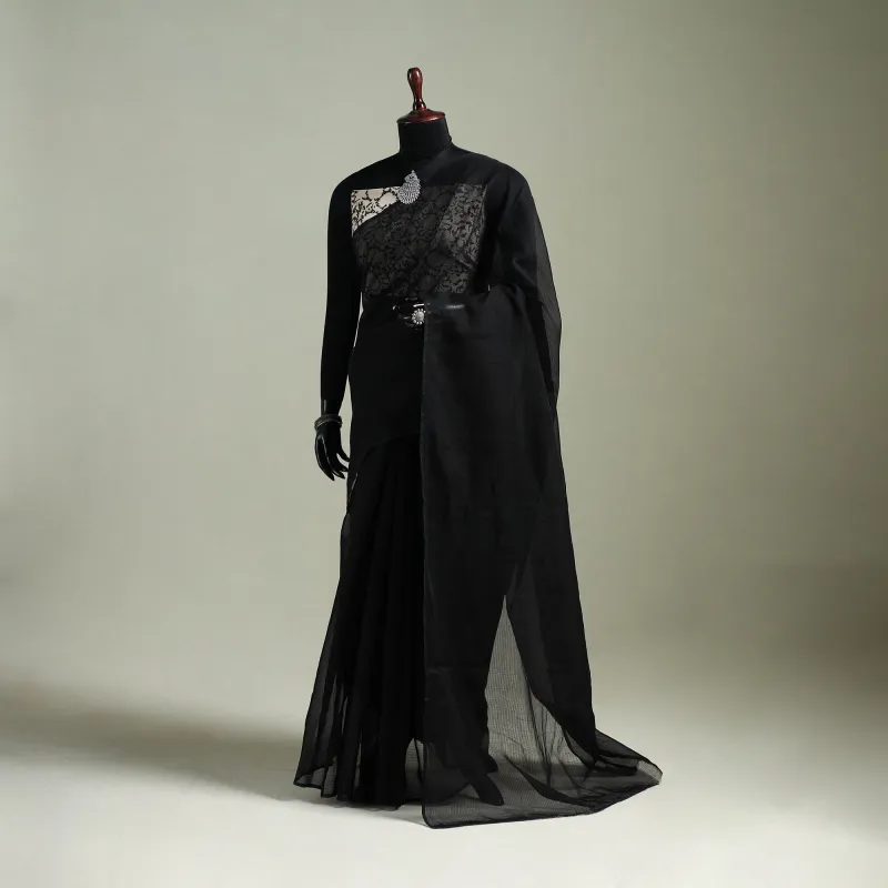 Black - Nazaakat Kota Doria Cotton Plain Saree with Blouse & Jewellery Set 07 made by Itokri