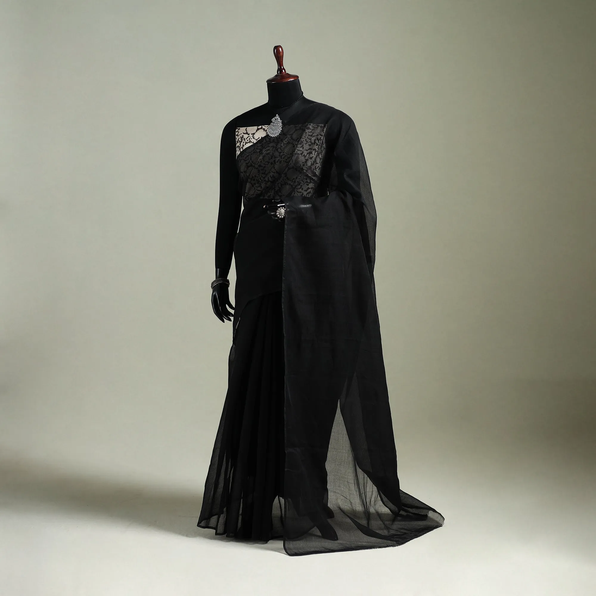Black - Nazaakat Kota Doria Cotton Plain Saree with Blouse & Jewellery Set 07 sold by Itokri