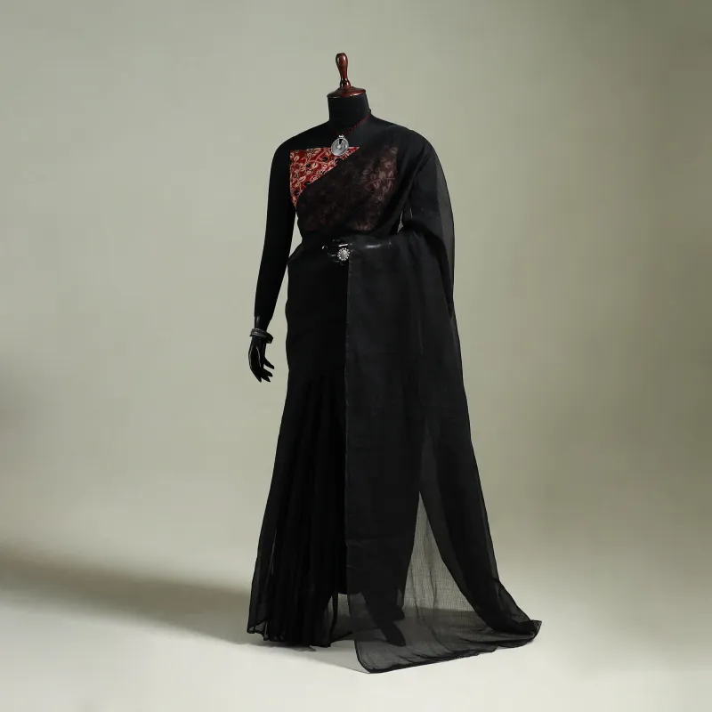 Black - Nazaakat Kota Doria Cotton Plain Saree with Blouse & Jewellery Set 02 made by Itokri