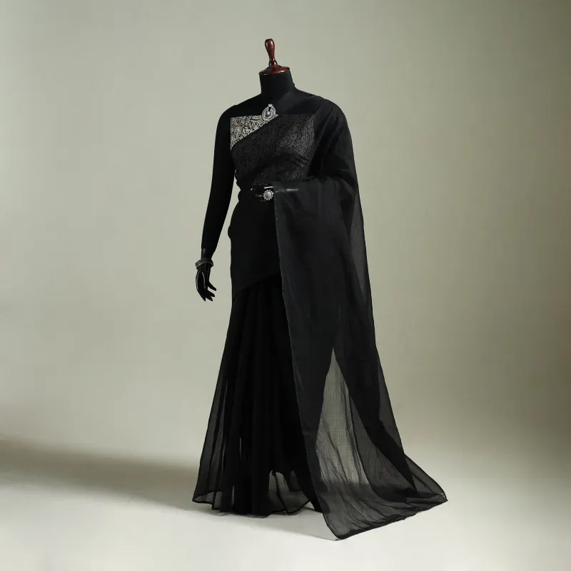 Black - Nazaakat Kota Doria Cotton Plain Saree with Blouse & Jewellery Set 04 made by Itokri