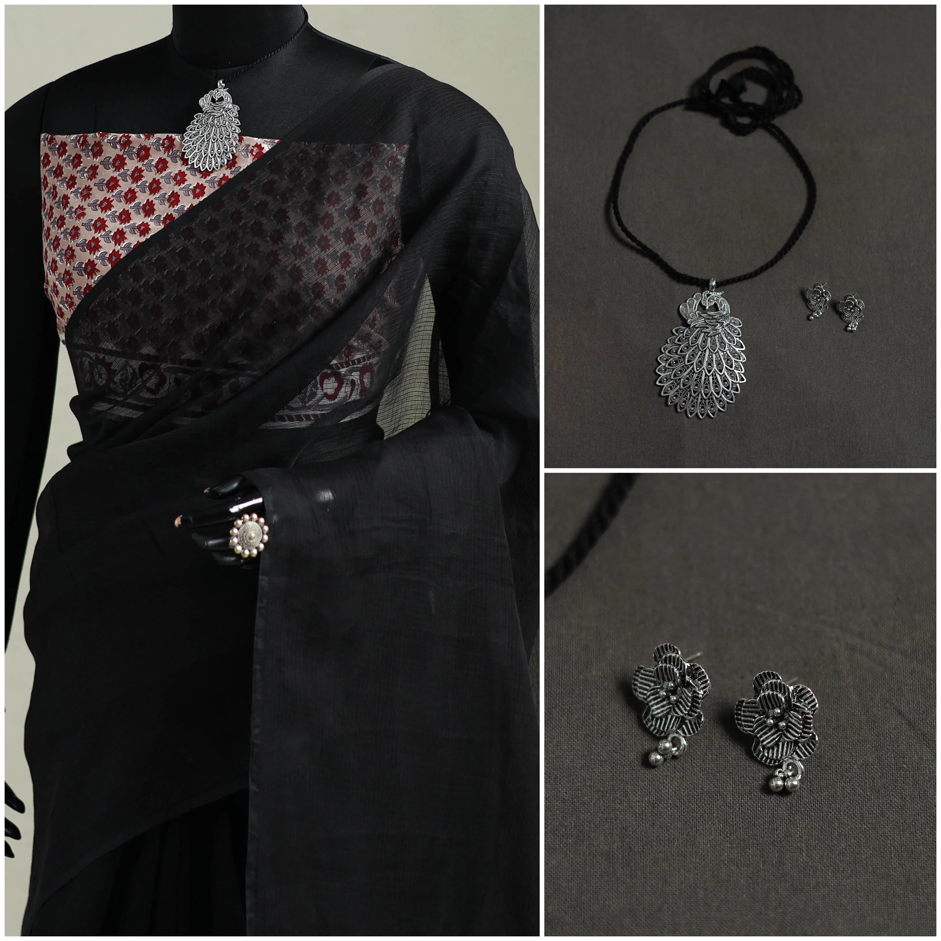 Black - Nazaakat Kota Doria Cotton Plain Saree with Blouse & Jewellery Set 08 sold by Itokri product image thumbnail 3