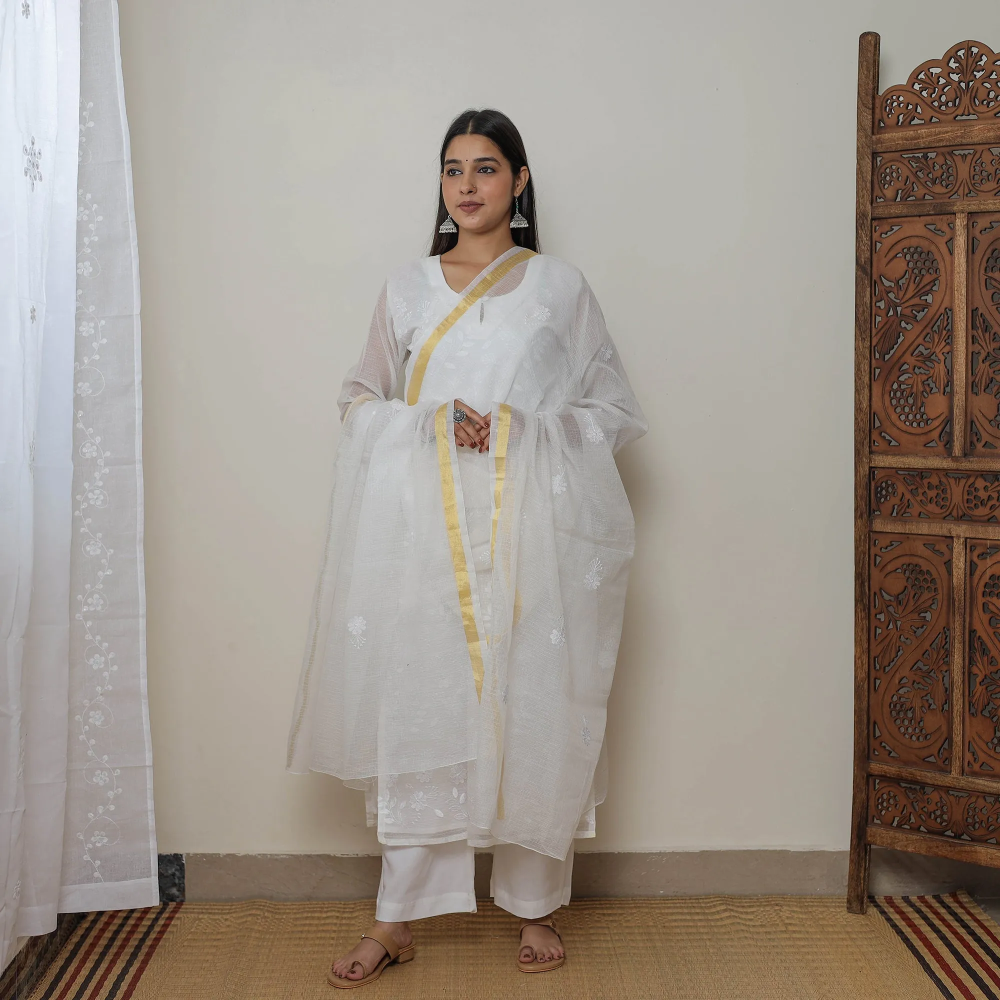 White - Kota Doria Cotton Embroidery Kurta Suit Set 01 sold by Itokri product image thumbnail 3