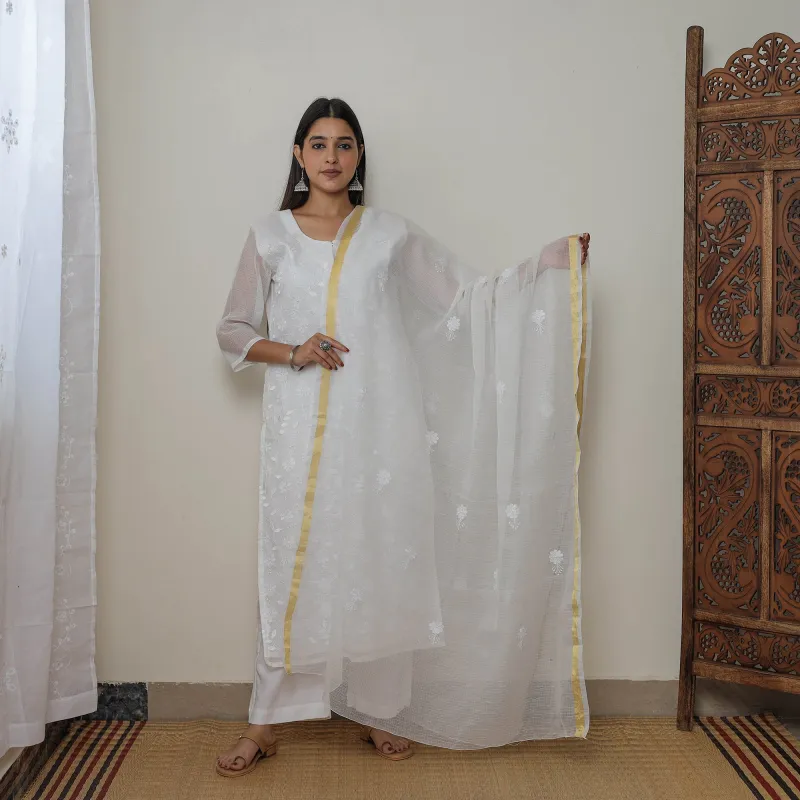 White - Kota Doria Cotton Embroidery Kurta Suit Set 01 made by Itokri