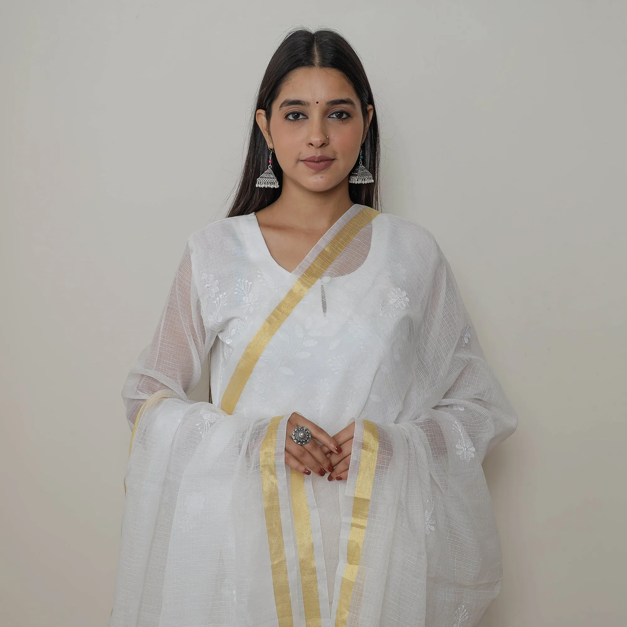White - Kota Doria Cotton Embroidery Kurta Suit Set 01 sold by Itokri product image thumbnail 4