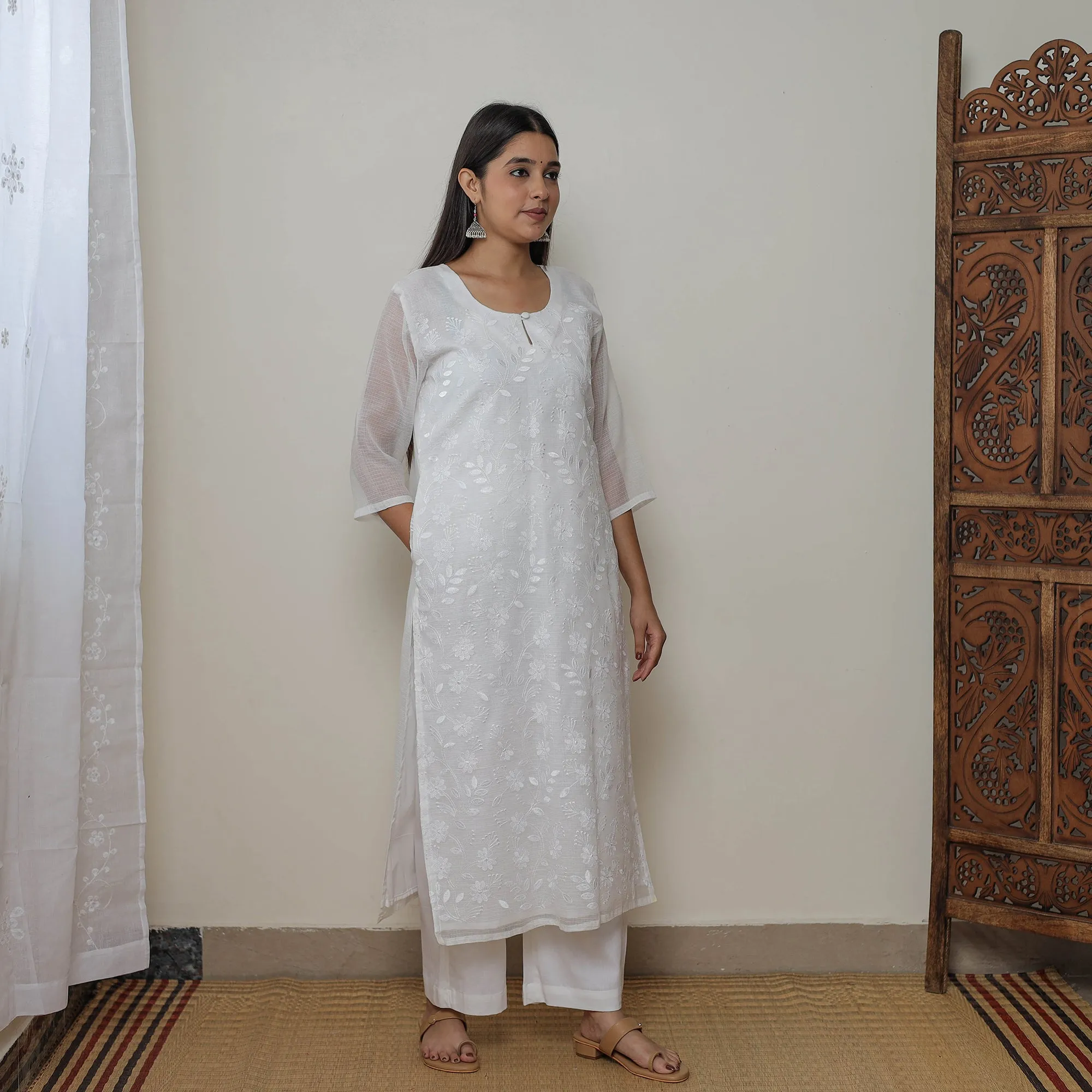 White - Kota Doria Cotton Embroidery Kurta Suit Set 01 sold by Itokri product image thumbnail 5