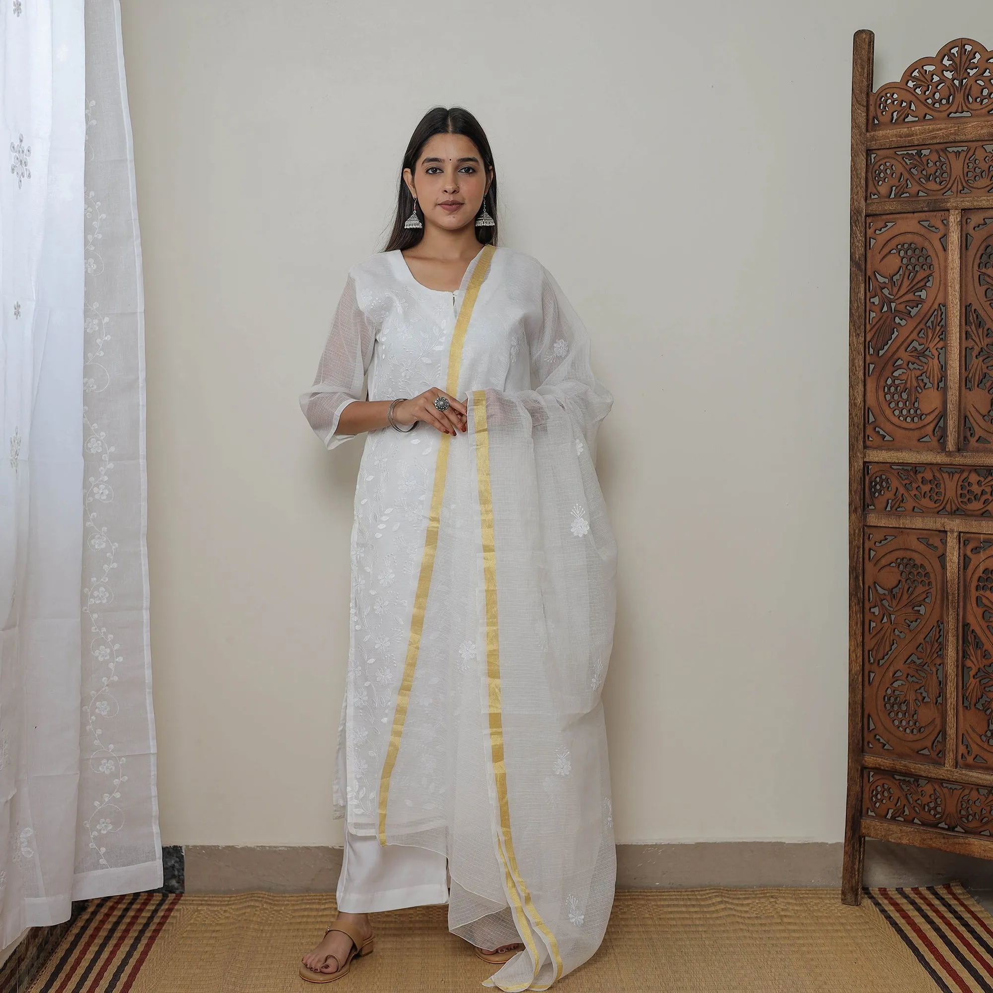 White - Kota Doria Cotton Embroidery Kurta Suit Set 01 sold by Itokri product image thumbnail 2
