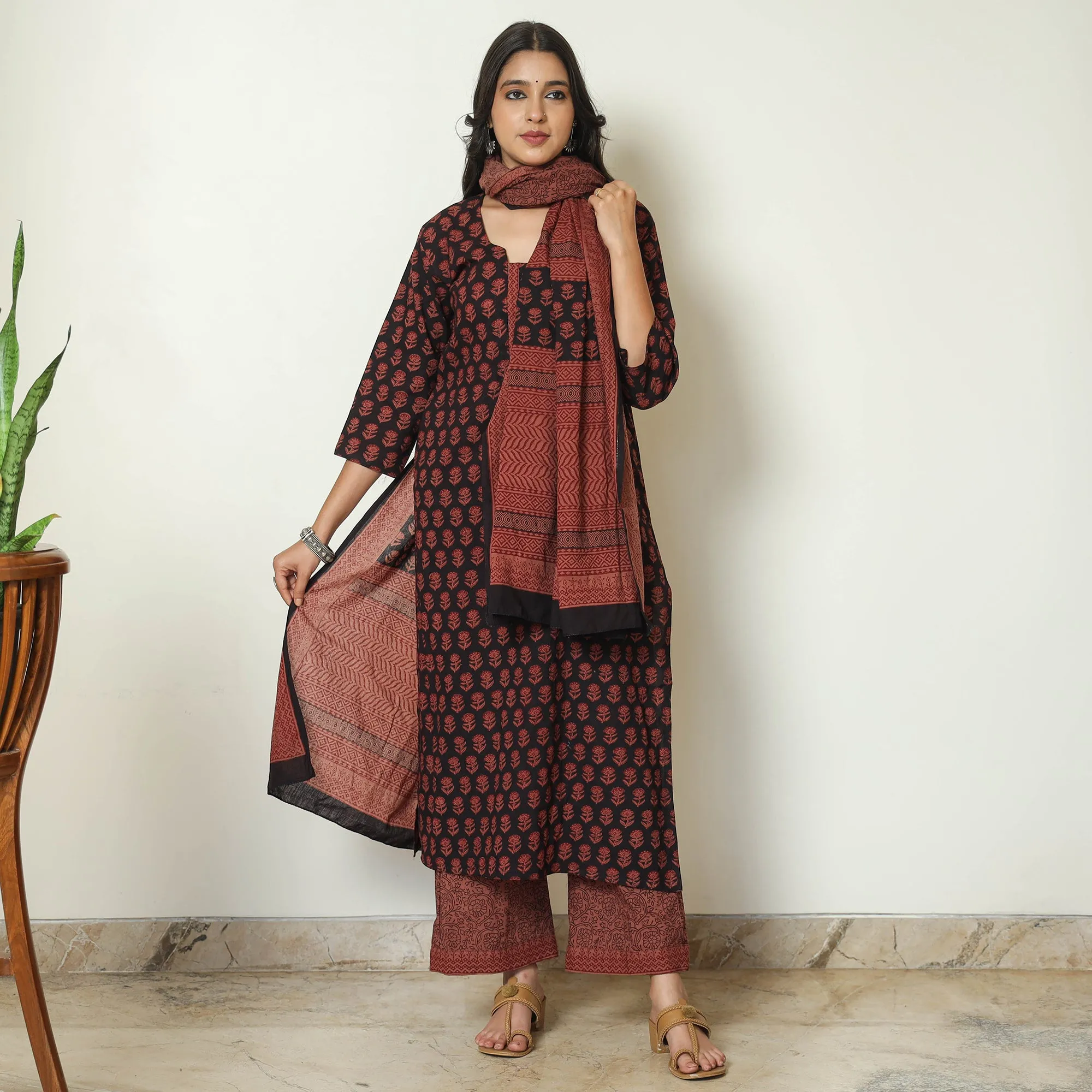 Multicolor - Bagh Block Printed Cotton Kurta with Palazzo & Dupatta Set 09 sold by Itokri product image thumbnail 2