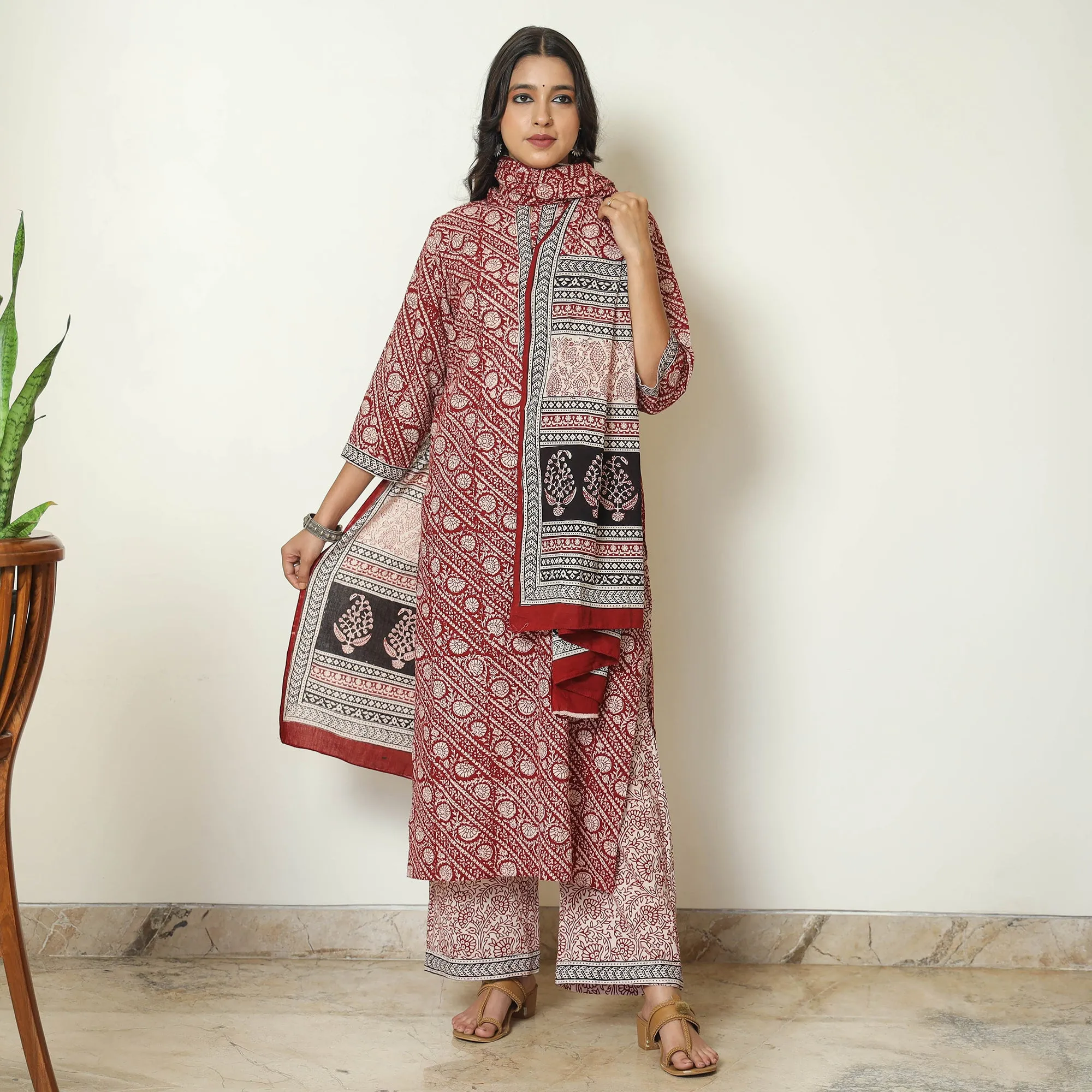 Red - Bagh Block Printed Cotton Kurta with Palazzo & Dupatta Set 14 sold by Itokri product image thumbnail 2