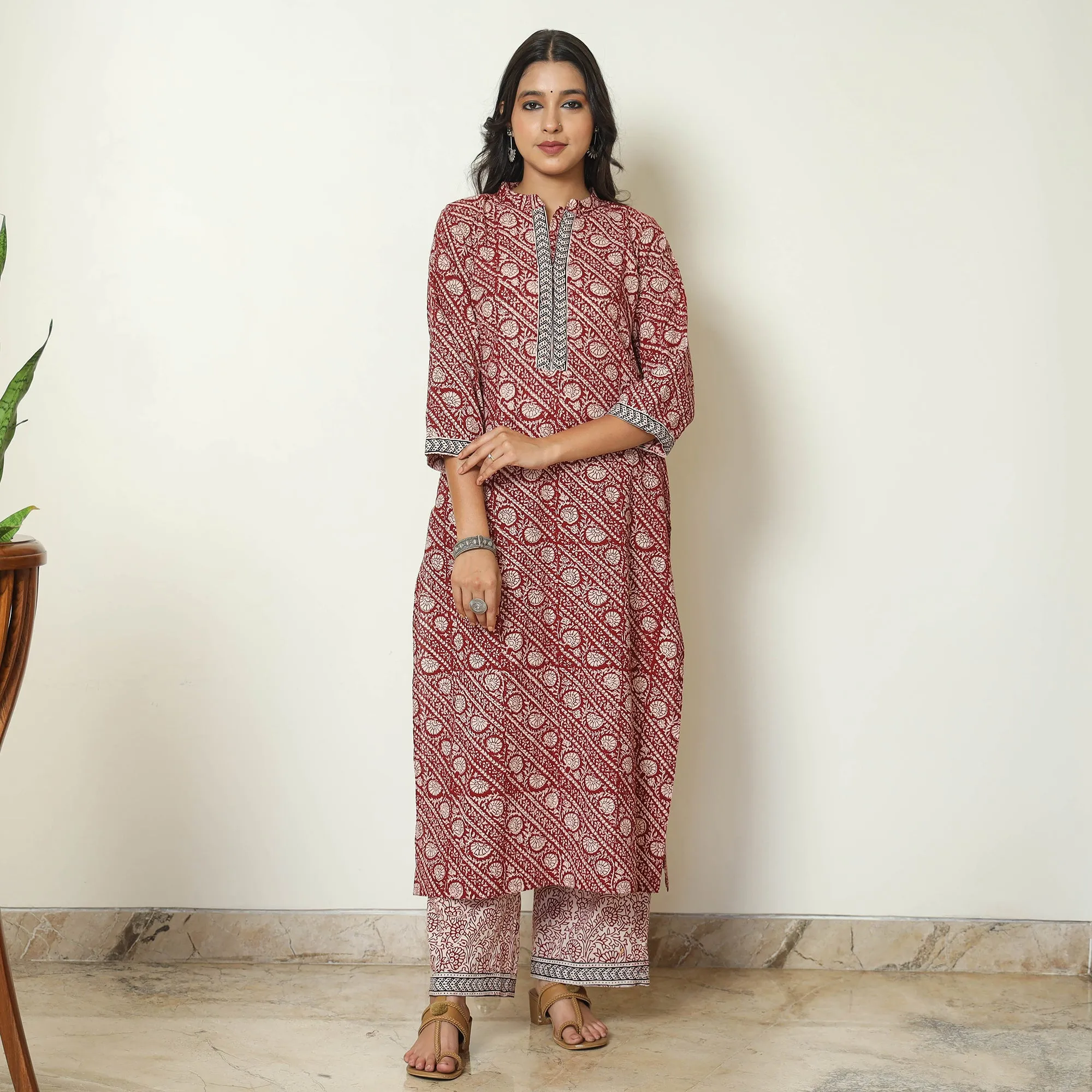 Red - Bagh Block Printed Cotton Kurta with Palazzo & Dupatta Set 14 sold by Itokri product image thumbnail 3