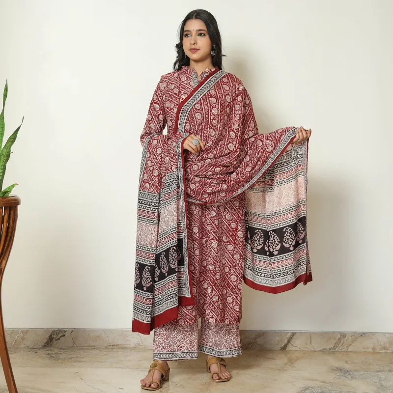 Red - Bagh Block Printed Cotton Kurta with Palazzo & Dupatta Set 14 made by Itokri
