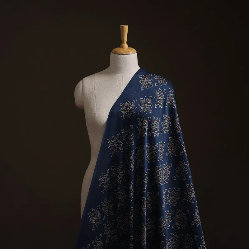Blue - Ajrakh Hand Block Print Natural Dyed Modal Silk Fabric 48 made by Itokri