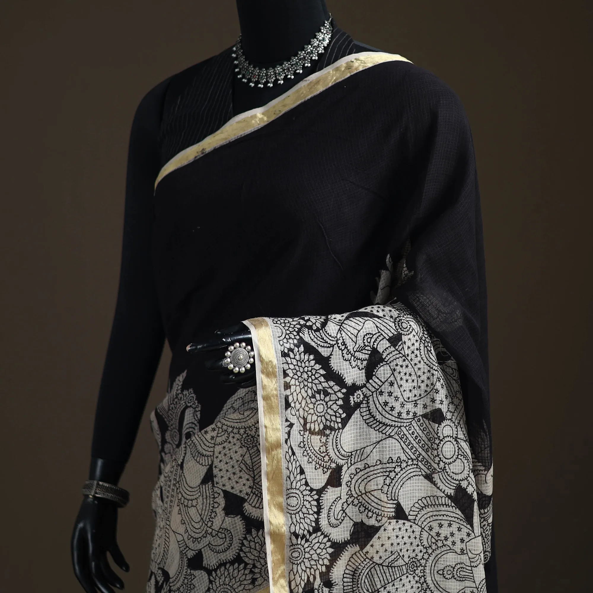 Black - Kalamkari Printed Kota Doria Cotton Saree 03 sold by Itokri product image thumbnail 2
