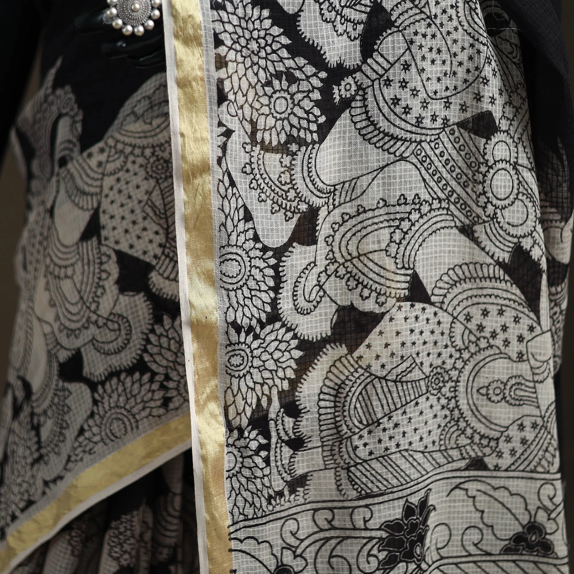 Black - Kalamkari Printed Kota Doria Cotton Saree 03 sold by Itokri product image thumbnail 3