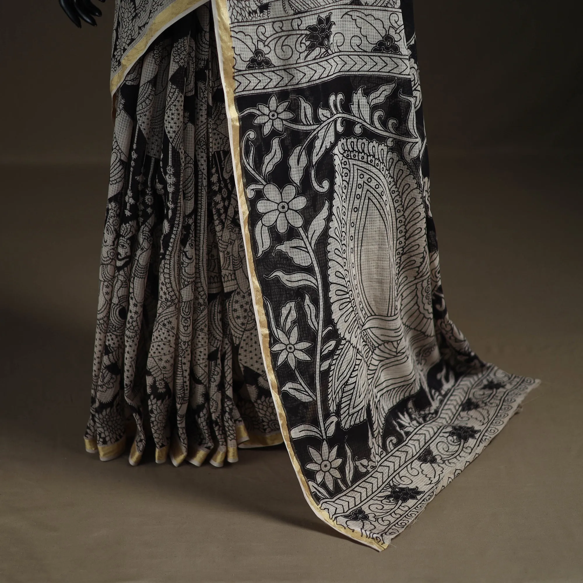 Black - Kalamkari Printed Kota Doria Cotton Saree 03 sold by Itokri product image thumbnail 4
